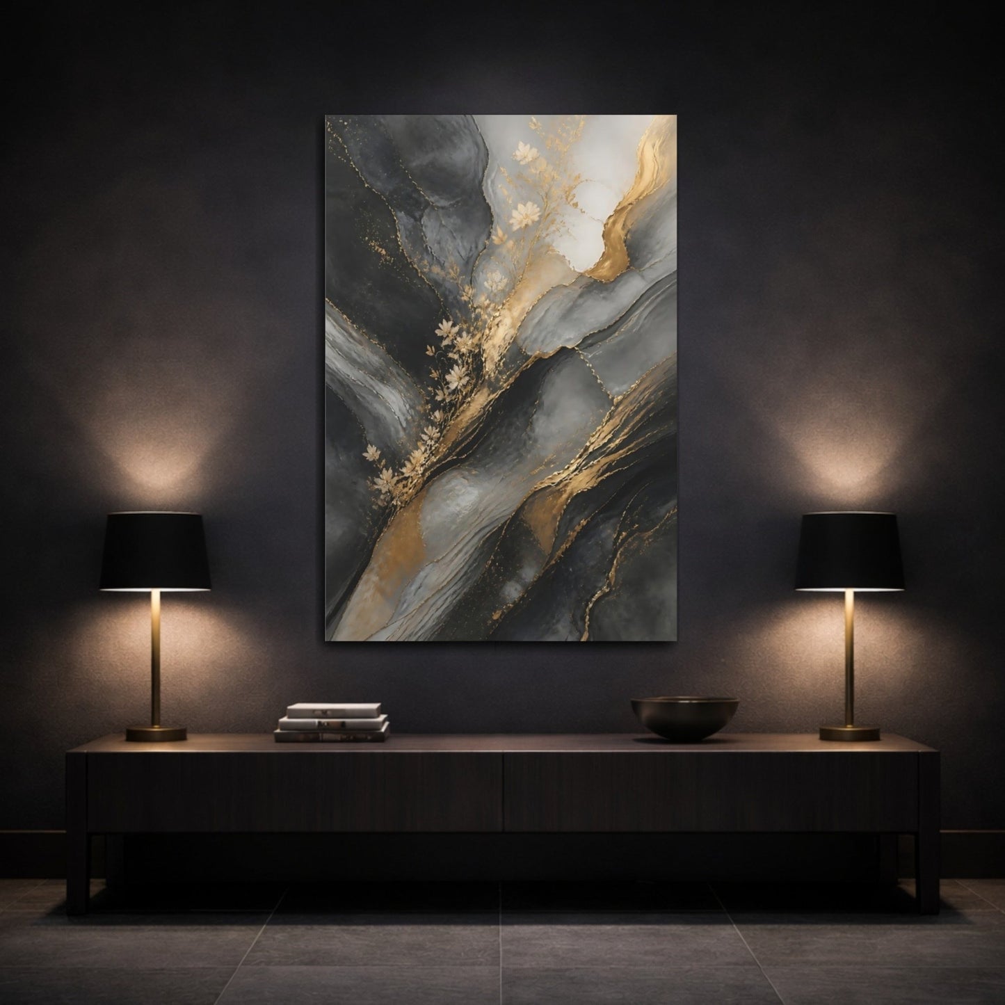 Abstract Gold Flowers And Gray Canvas Print – Living Room, Above Console Table, - YesArtYes