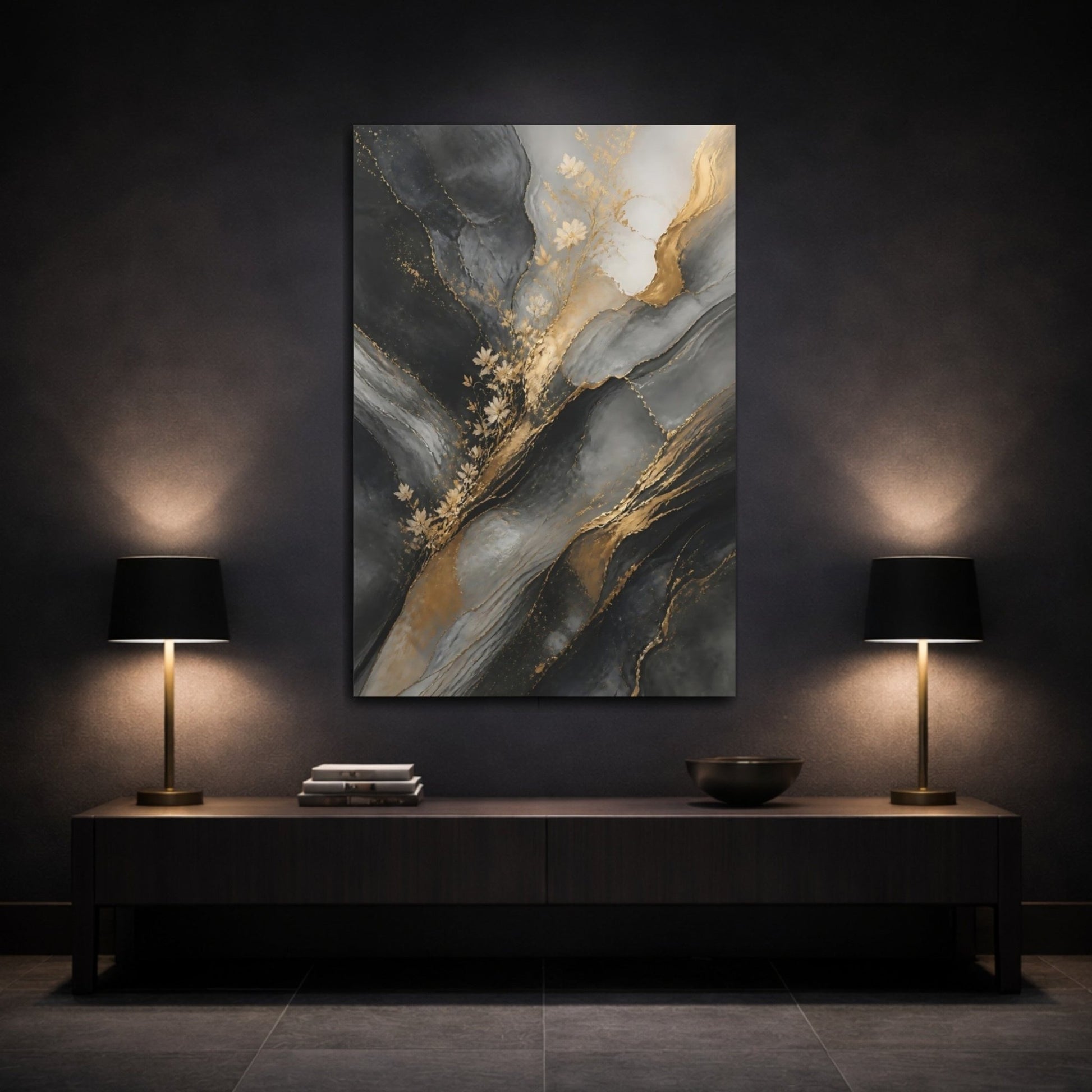 Abstract Gold Flowers And Gray Canvas Print – Living Room, Above Console Table, - YesArtYes