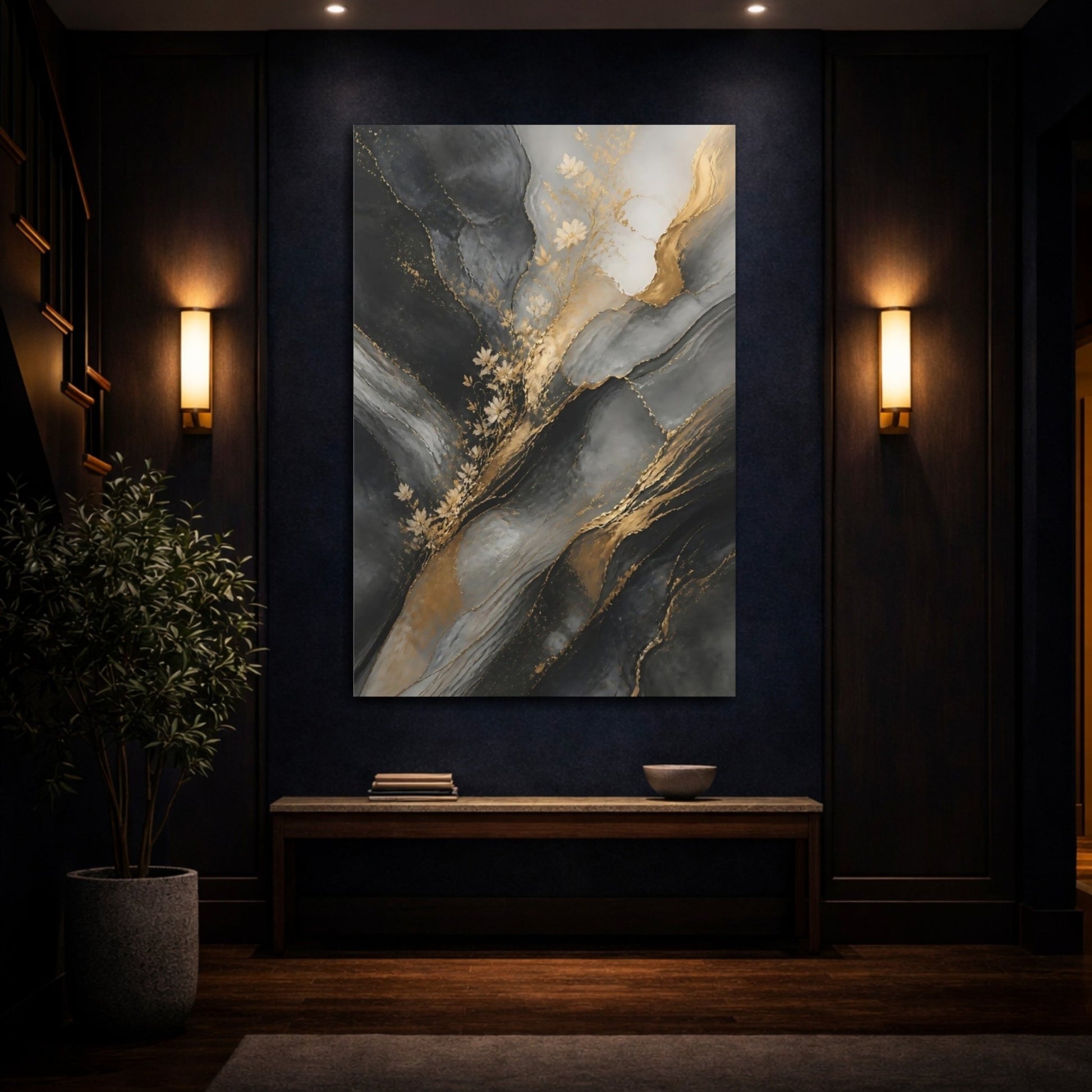 Abstract Gold Flowers And Gray Canvas Print – Living Room, Above Console Table, - YesArtYes