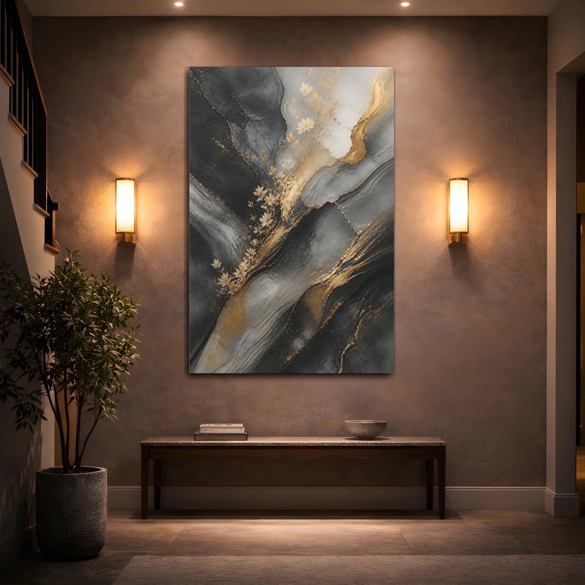 Abstract Gold Flowers And Gray Canvas Print – Living Room, Above Console Table, - YesArtYes