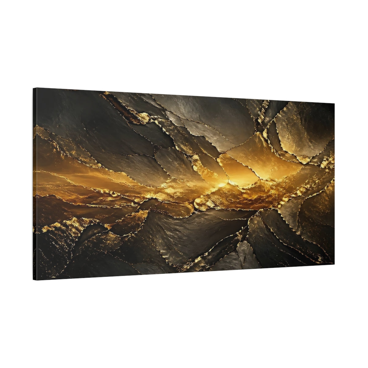 Side Mockup 2. Abstract Gold Geode Black And Gold shown as stretched canvas wall art