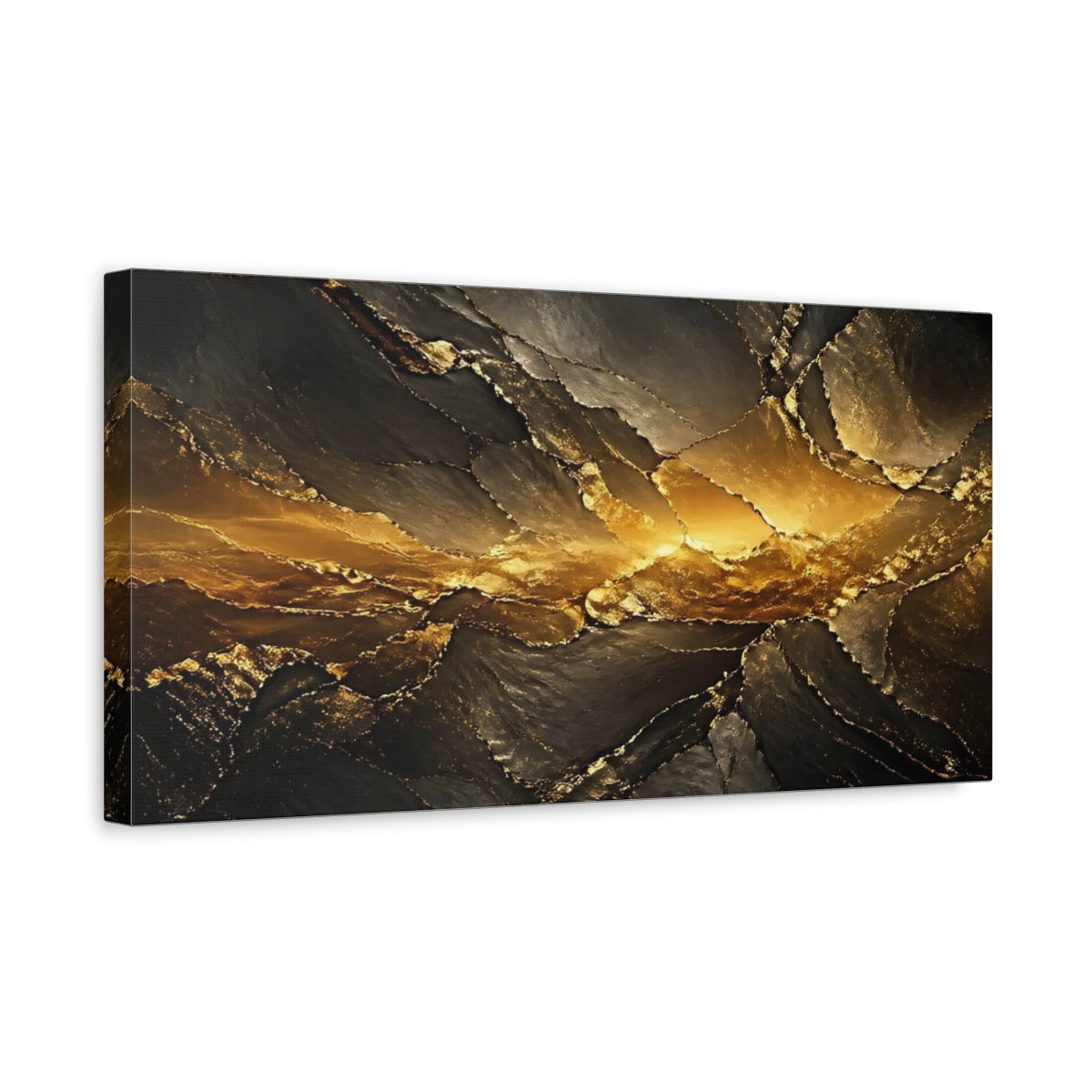 Side Mockup 3. Abstract Gold Geode Black And Gold shown as stretched canvas wall art