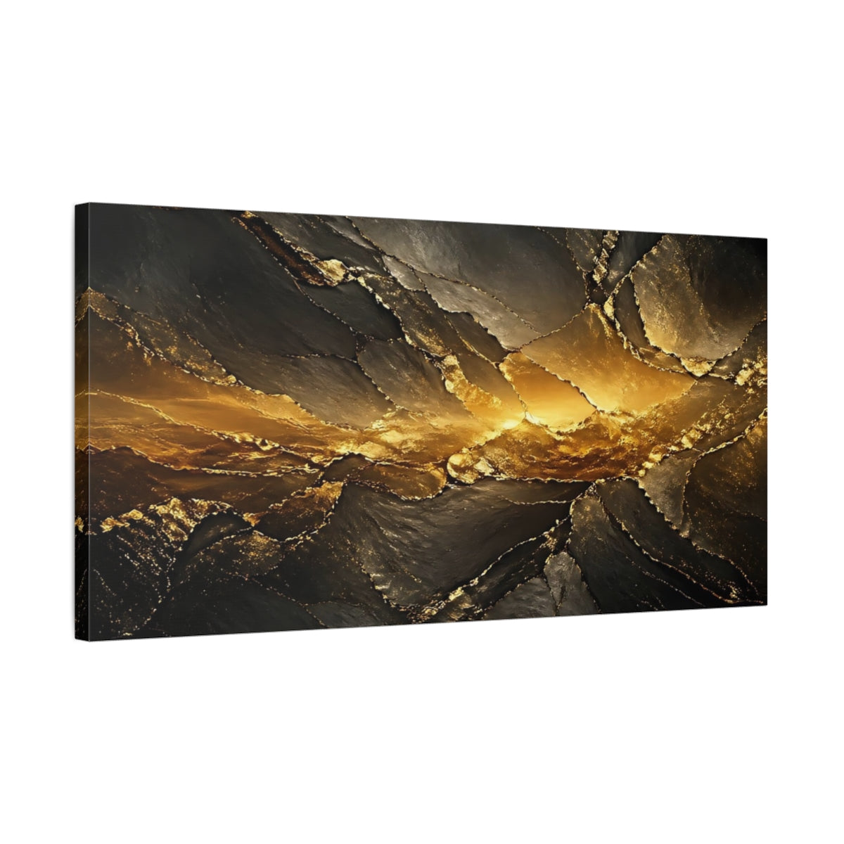 Side Mockup 1. Abstract Gold Geode Black And Gold shown as stretched canvas wall art