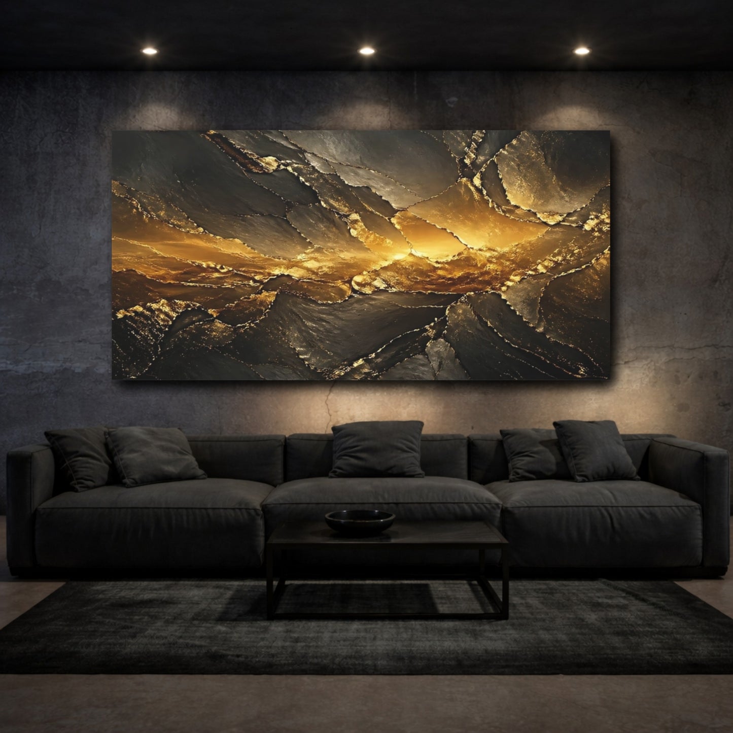 Mockup 2. Abstract Gold Geode Black And Gold shown as stretched canvas wall art