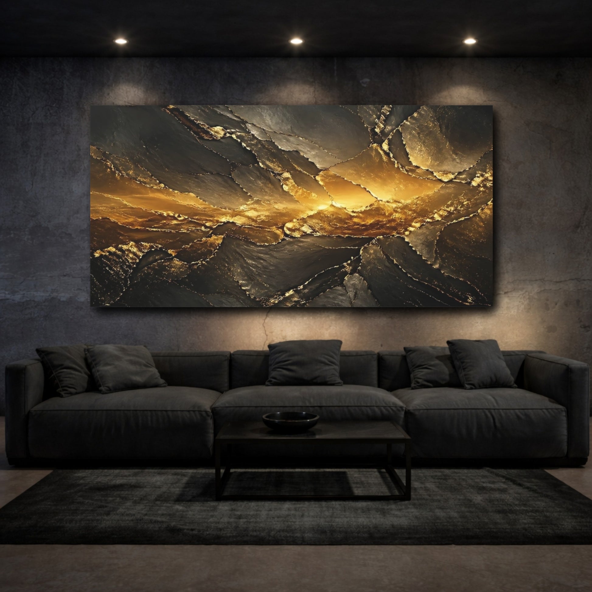 Mockup 2. Abstract Gold Geode Black And Gold shown as stretched canvas wall art