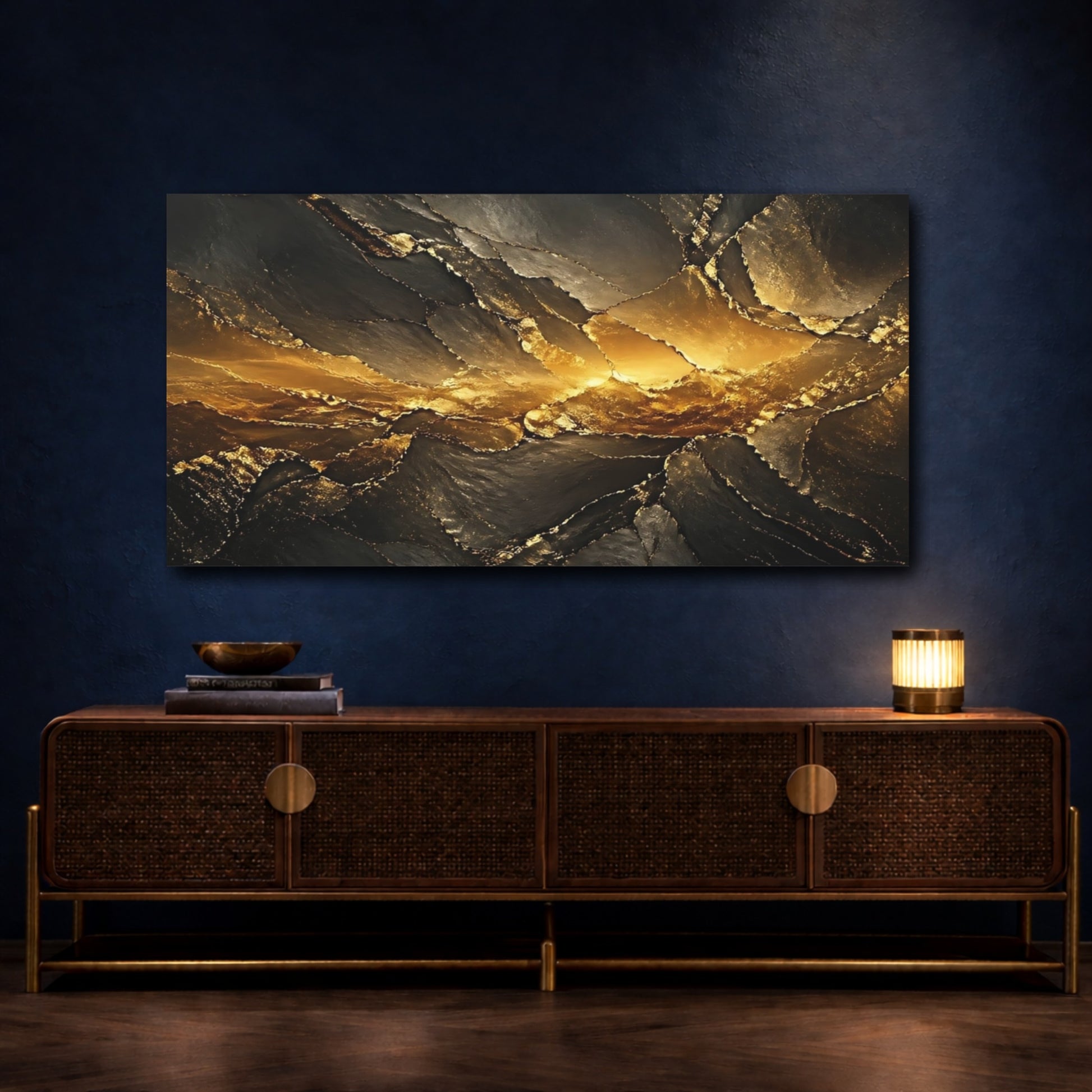 Mockup 4. Abstract Gold Geode Black And Gold shown as stretched canvas wall art