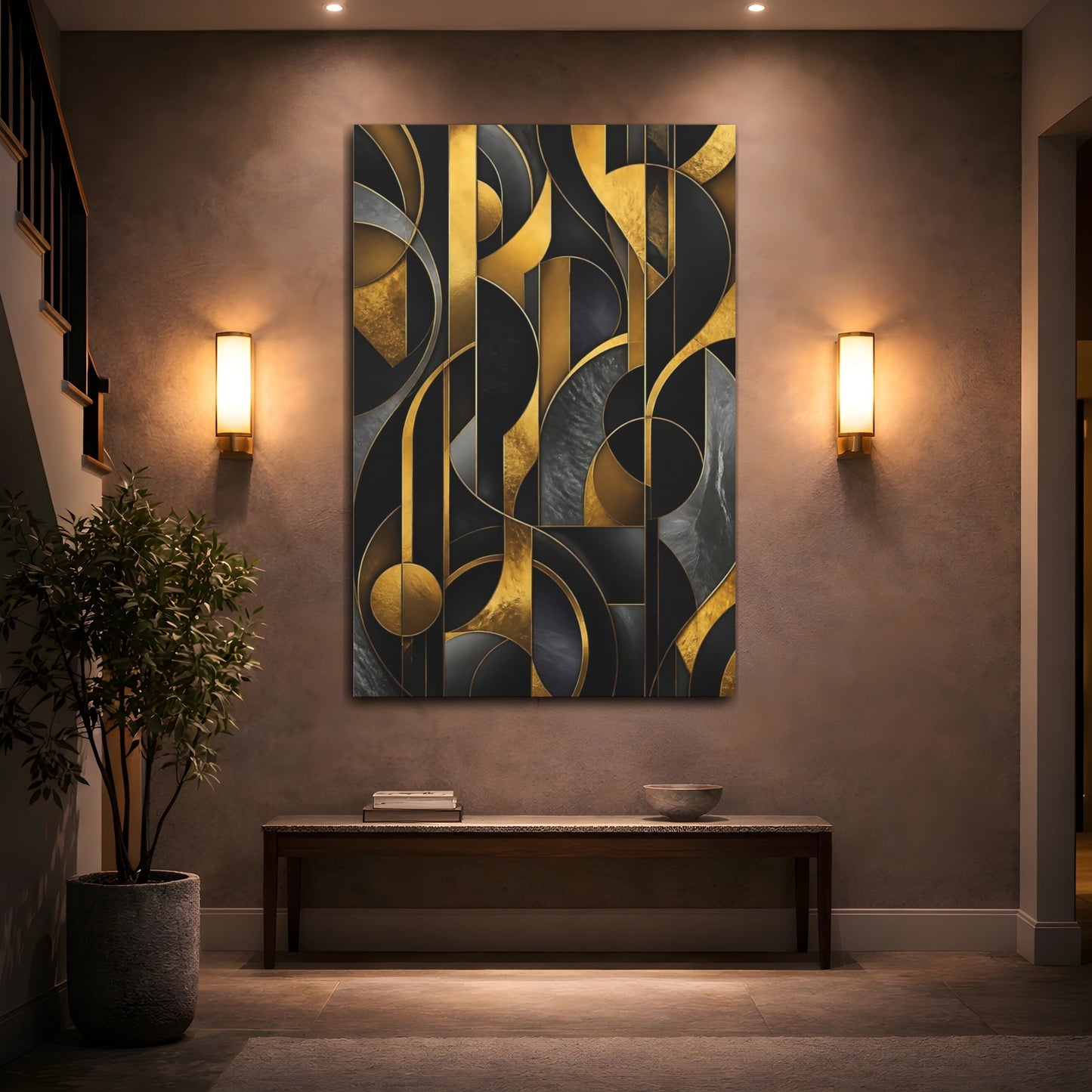 Mockup 2. Abstract Gold Geometry shown as canvas print