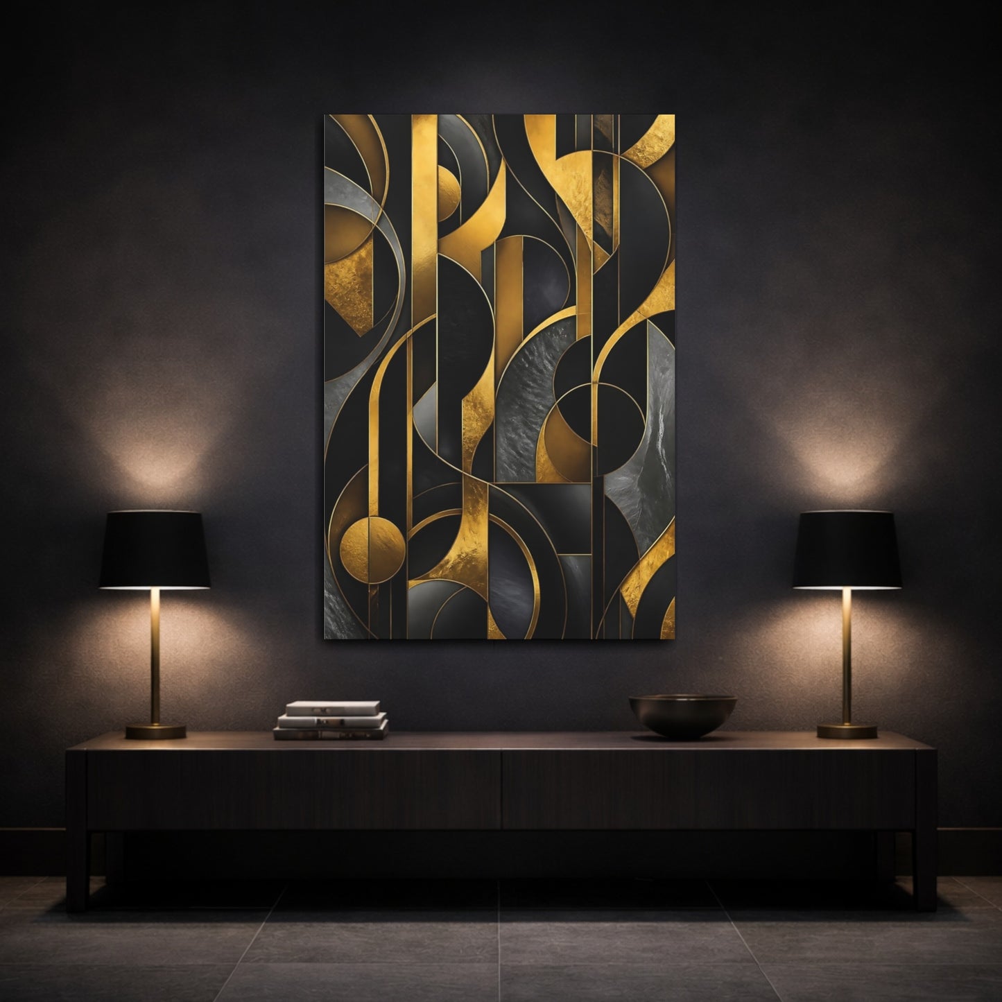 Mockup 3. Abstract Gold Geometry shown as canvas print