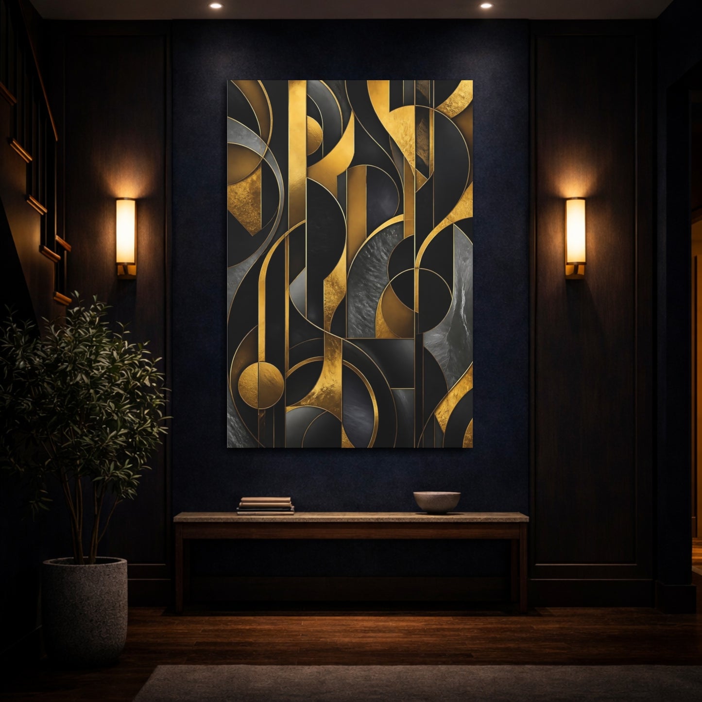 Mockup 4. Abstract Gold Geometry shown as canvas print