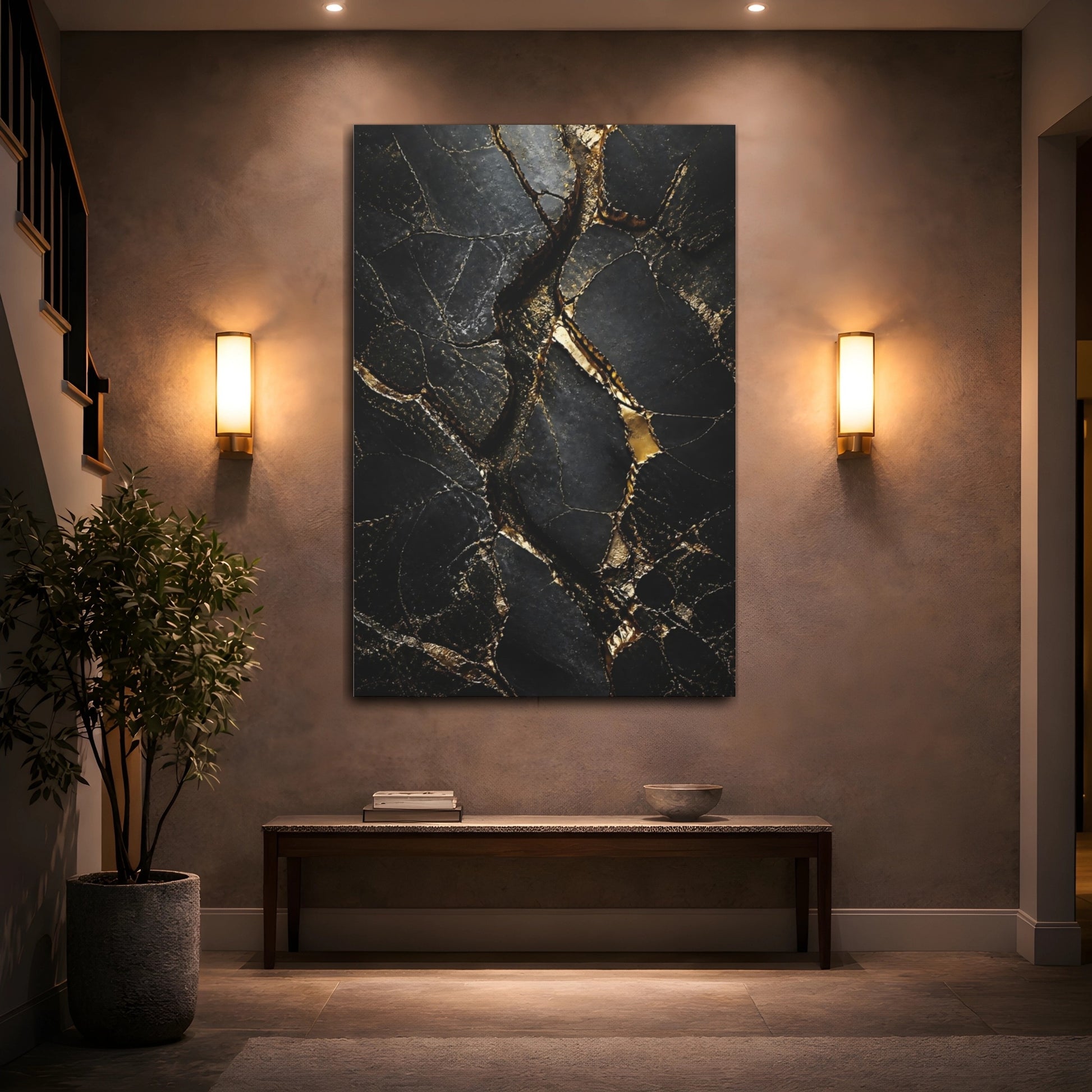 Mockup 2. Abstract Gold Kintsugi Black And Gold shown as stretched canvas wall art