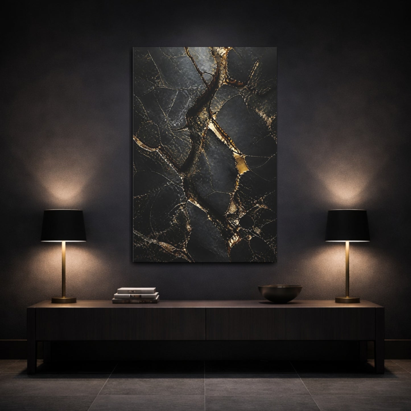 Mockup 3. Abstract Gold Kintsugi Black And Gold shown as stretched canvas wall art
