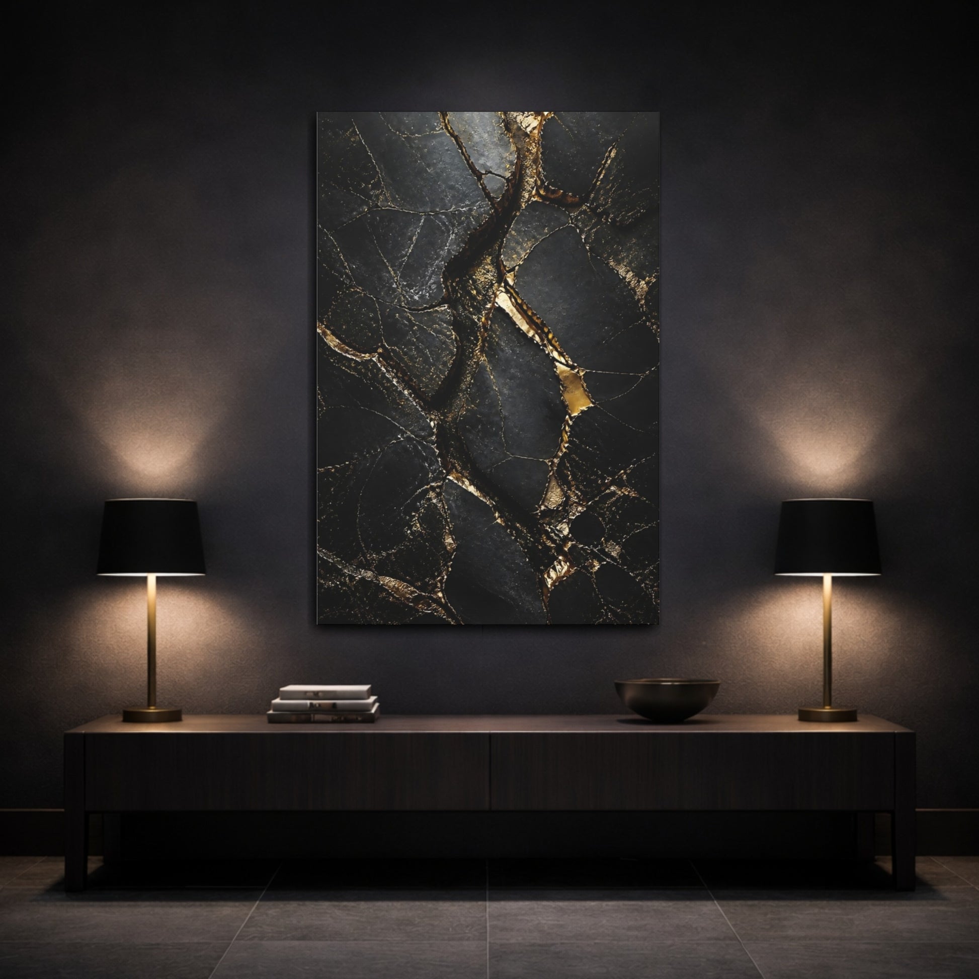 Mockup 3. Abstract Gold Kintsugi Black And Gold shown as stretched canvas wall art
