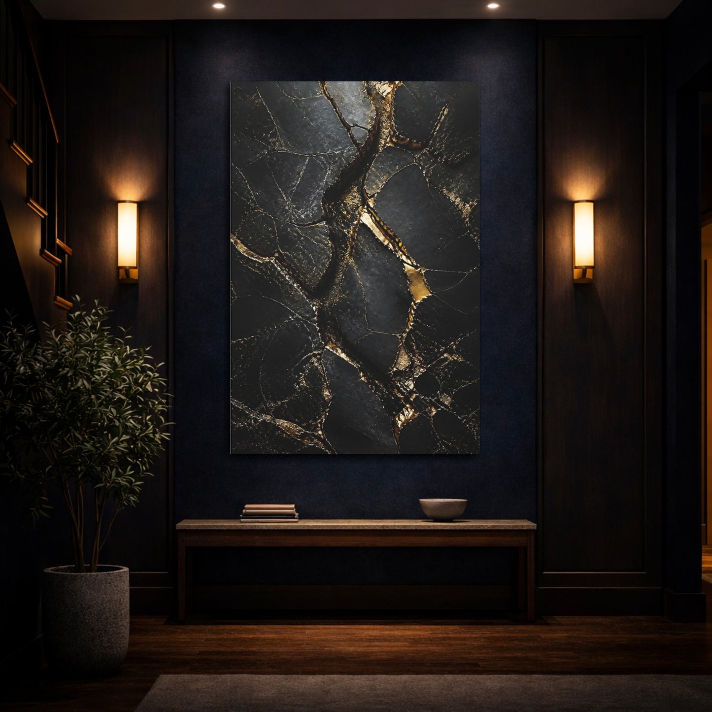 Mockup 4. Abstract Gold Kintsugi Black And Gold shown as stretched canvas wall art