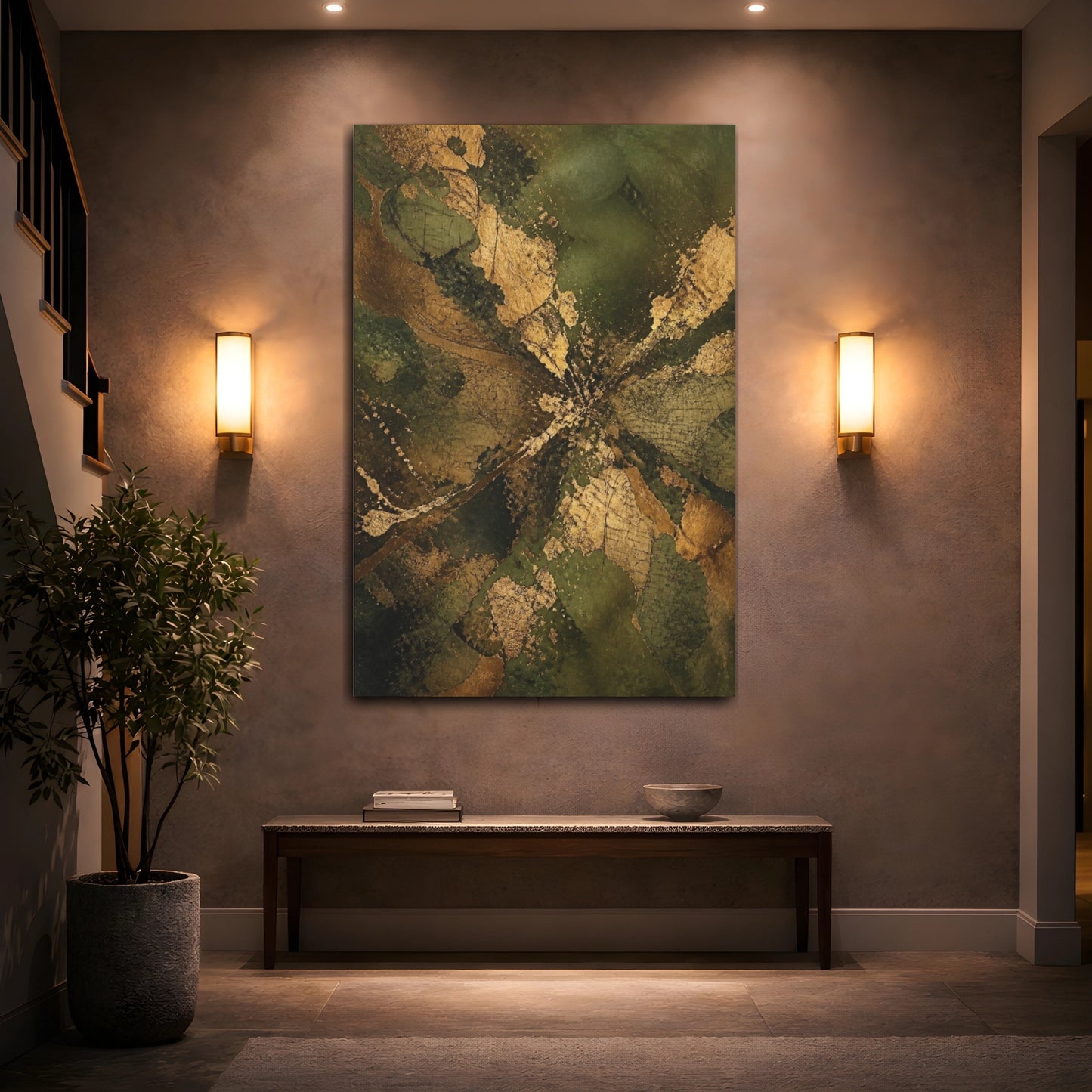 Mockup 2. Abstract Gold Leaf Burst shown as canvas print