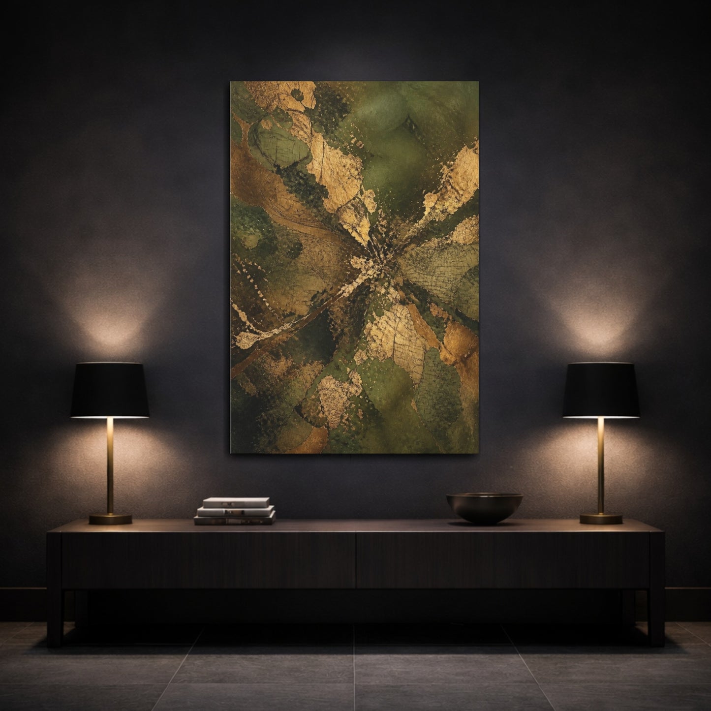 Mockup 3. Abstract Gold Leaf Burst shown as canvas print