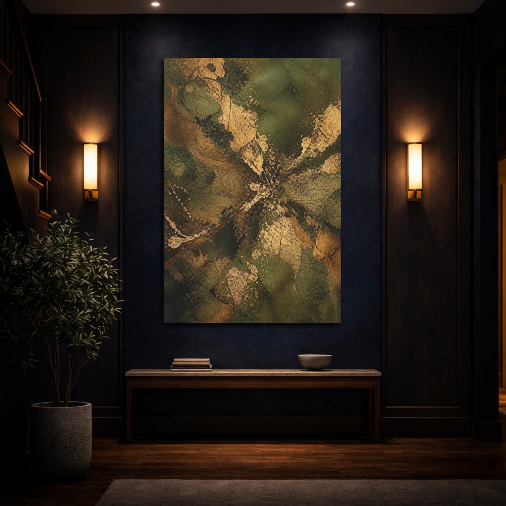 Mockup 4. Abstract Gold Leaf Burst shown as canvas print
