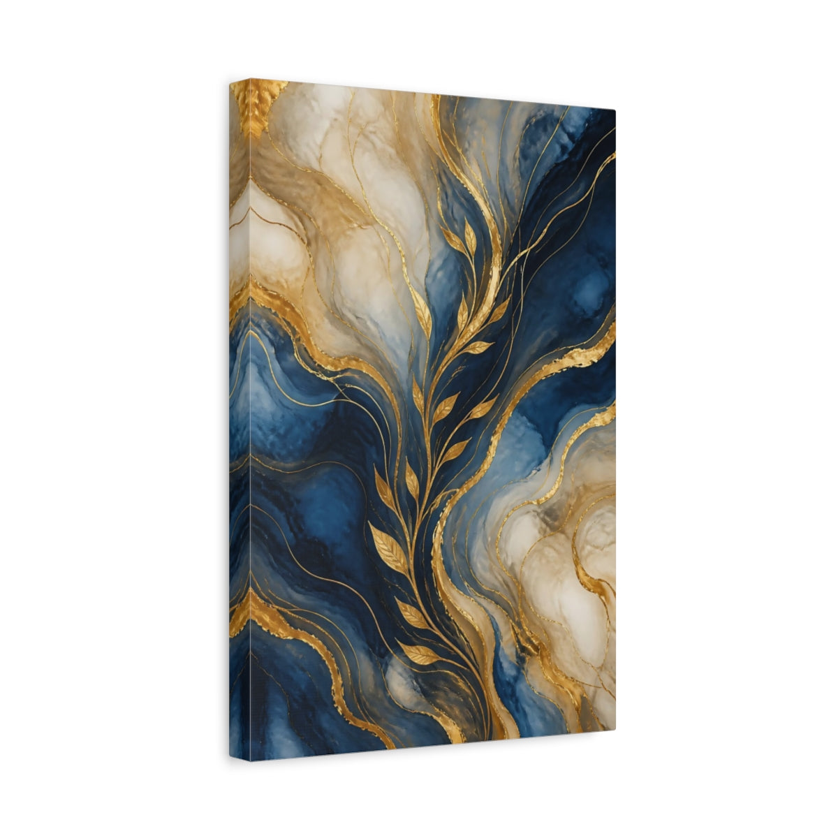Side Mockup 4. Abstract Gold Leaves Blue And Gold shown as stretched canvas wall art