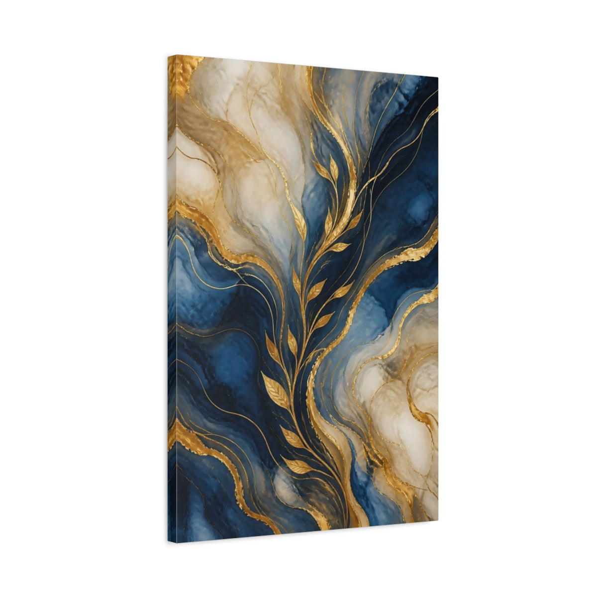 Side Mockup 2. Abstract Gold Leaves Blue And Gold shown as stretched canvas wall art