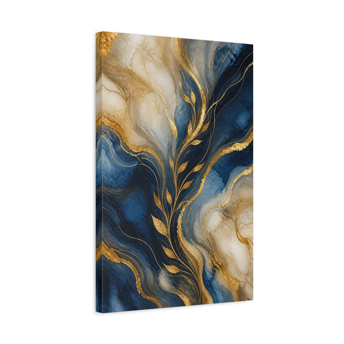 Side Mockup 3. Abstract Gold Leaves Blue And Gold shown as stretched canvas wall art