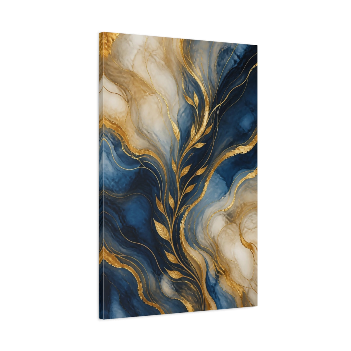Main Mockup. Abstract Gold Leaves Blue And Gold shown as stretched canvas wall art