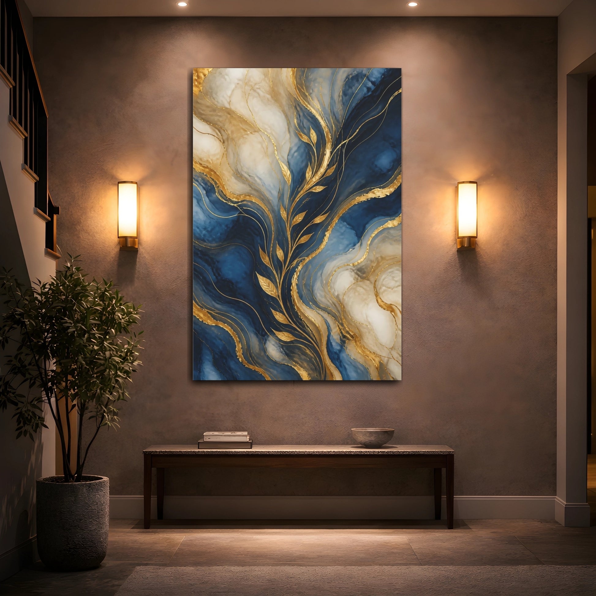 Mockup 2. Abstract Gold Leaves Blue And Gold shown as stretched canvas wall art
