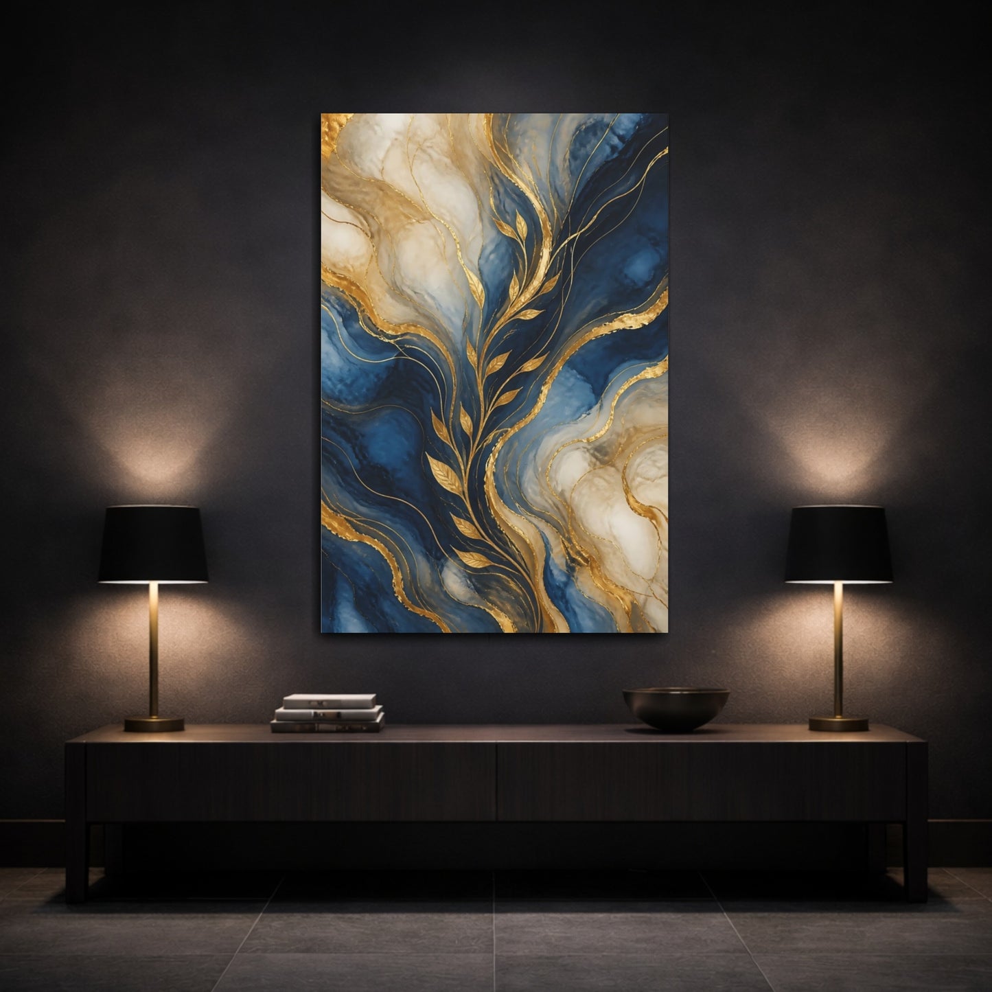 Mockup 3. Abstract Gold Leaves Blue And Gold shown as stretched canvas wall art