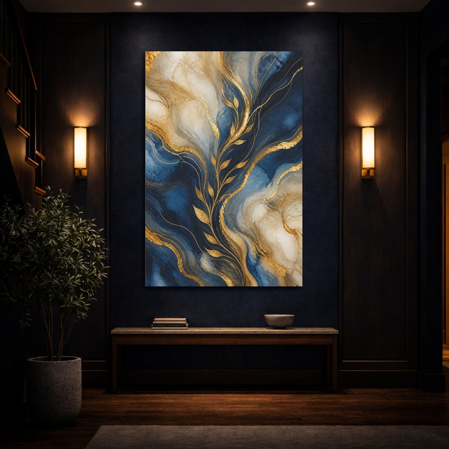 Mockup 4. Abstract Gold Leaves Blue And Gold shown as stretched canvas wall art