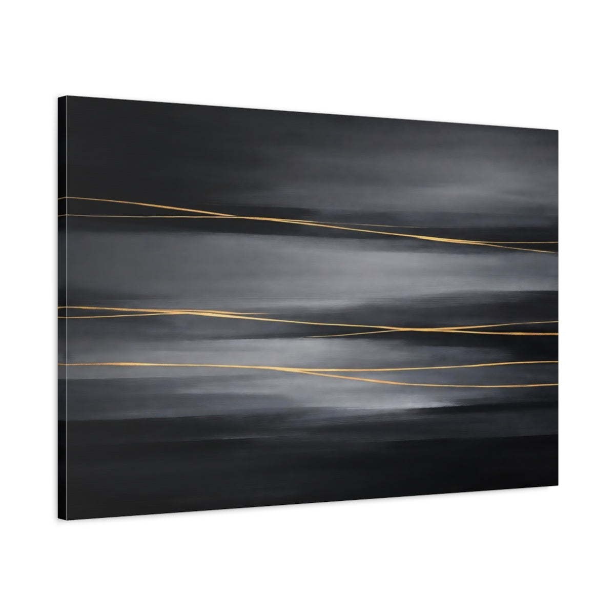 Side Mockup 1. Abstract Gold Lines Dark Grey Gold shown as stretched canvas wall art