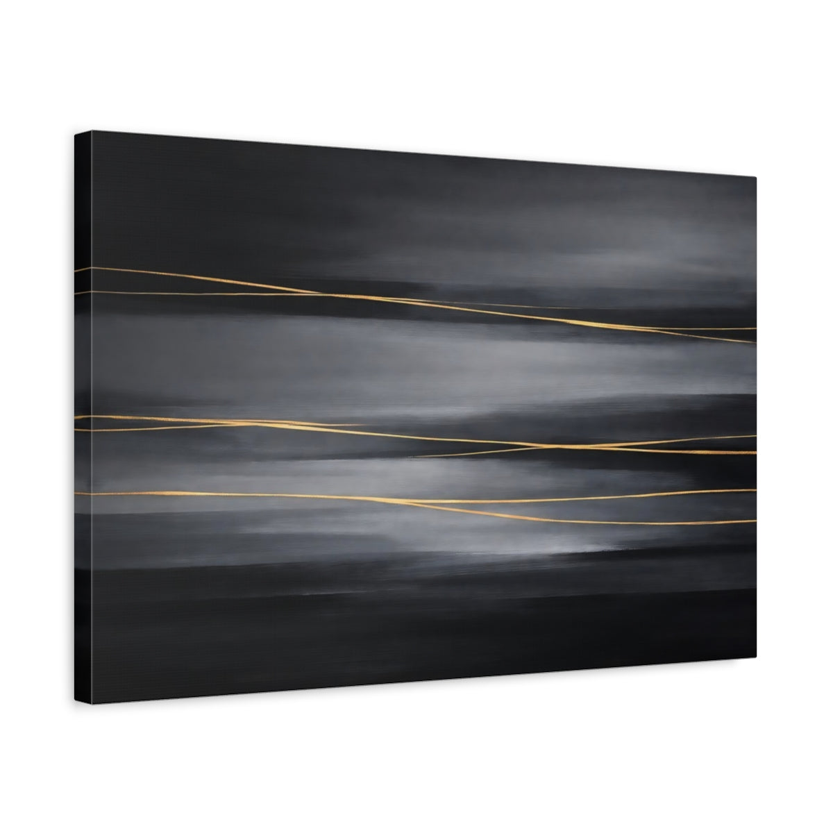Side Mockup 3. Abstract Gold Lines Dark Grey Gold shown as stretched canvas wall art