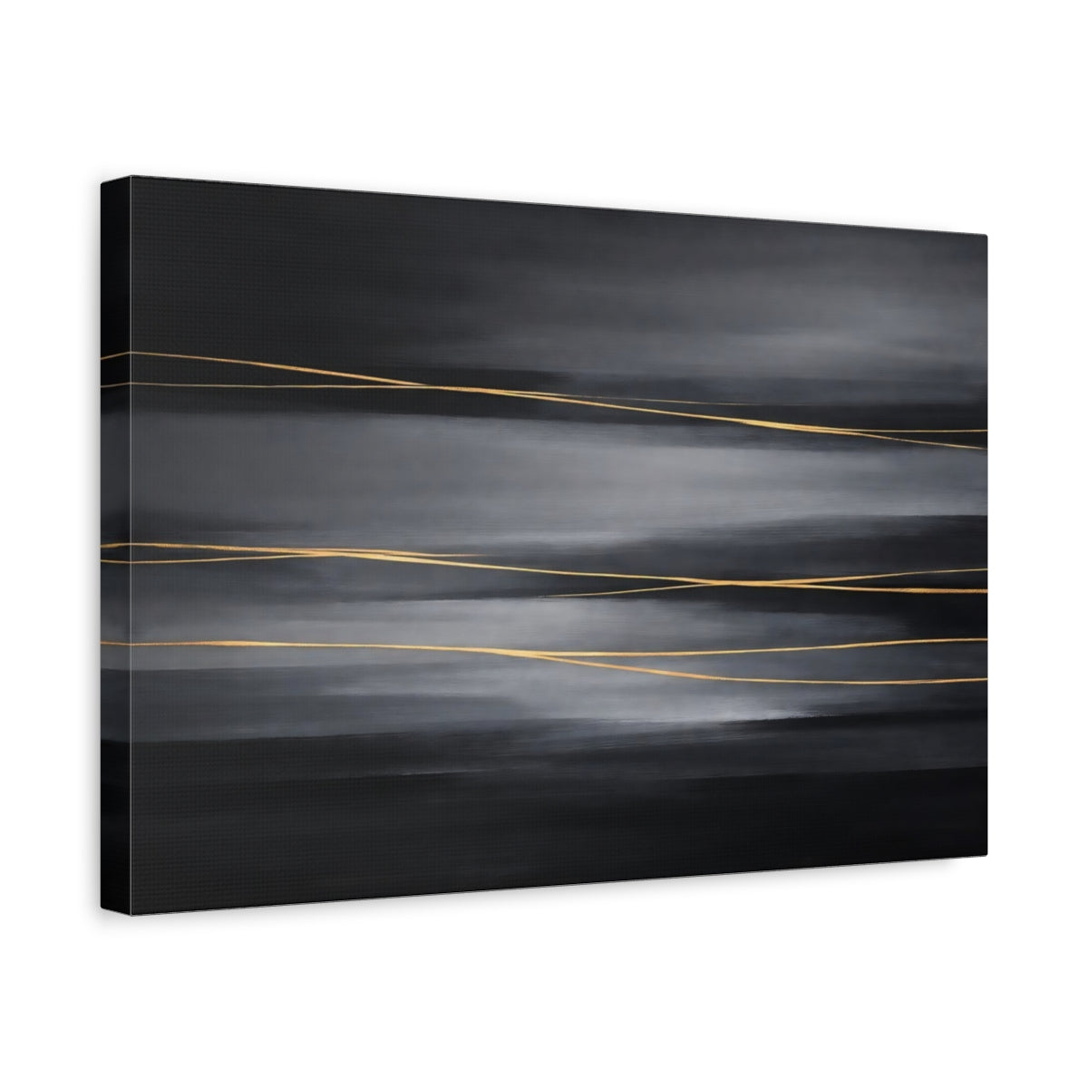 Side Mockup 4. Abstract Gold Lines Dark Grey Gold shown as stretched canvas wall art