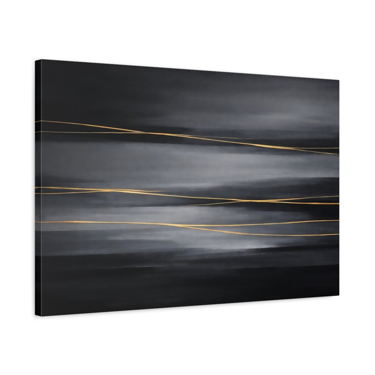 Side Mockup 2. Abstract Gold Lines Dark Grey Gold shown as stretched canvas wall art