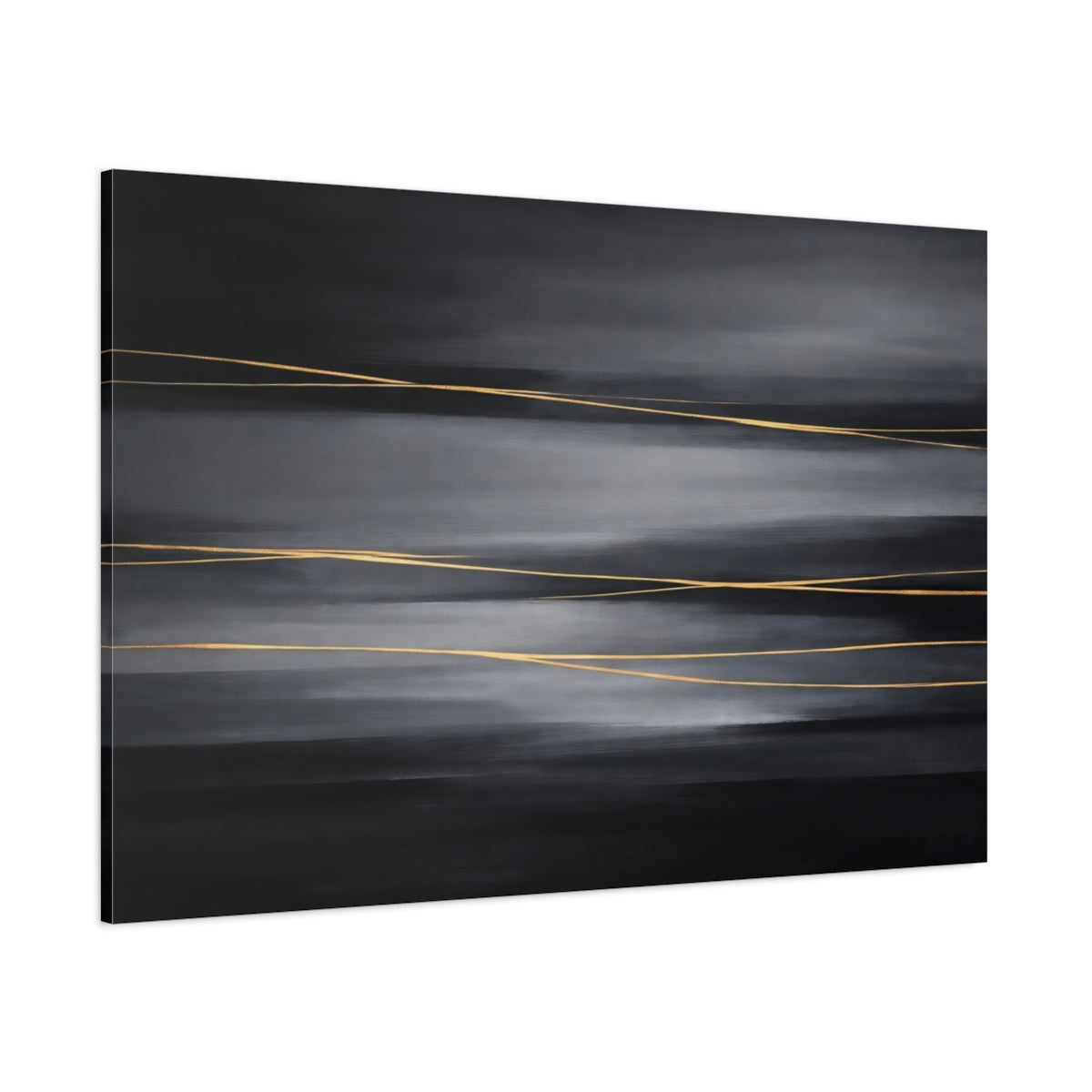 Main Mockup. Abstract Gold Lines Dark Grey Gold shown as stretched canvas wall art