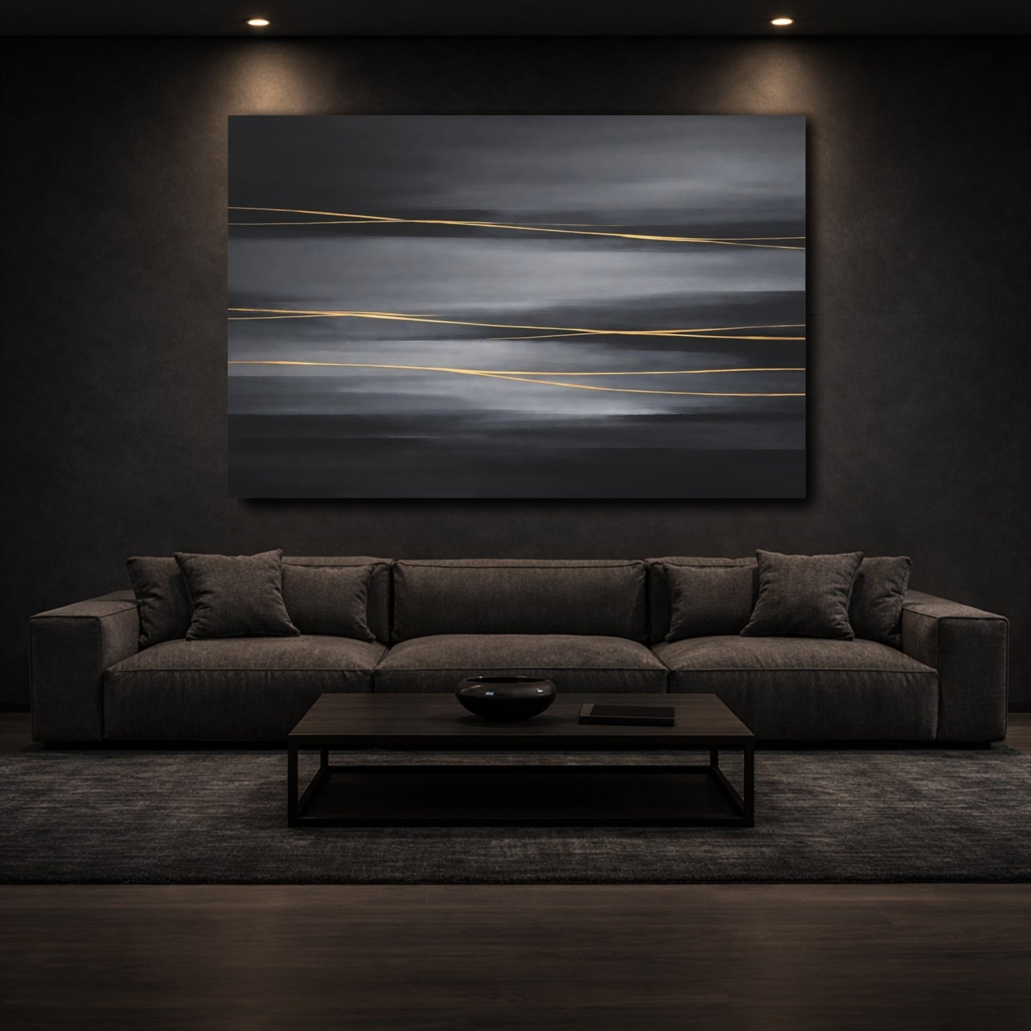 Mockup 2. Abstract Gold Lines Dark Grey Gold shown as stretched canvas wall art