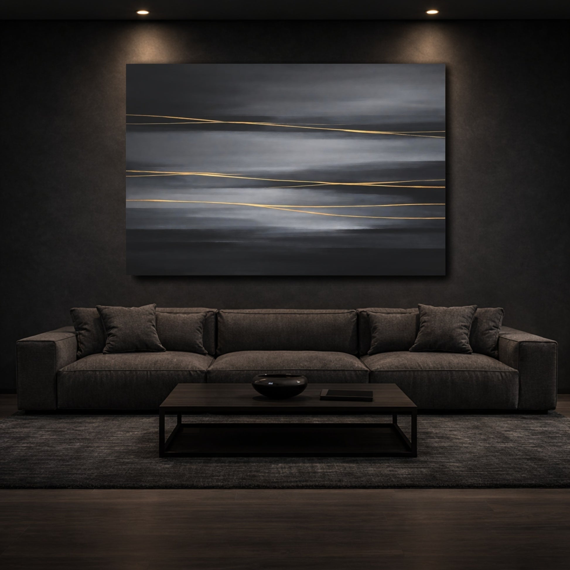 Mockup 2. Abstract Gold Lines Dark Grey Gold shown as stretched canvas wall art