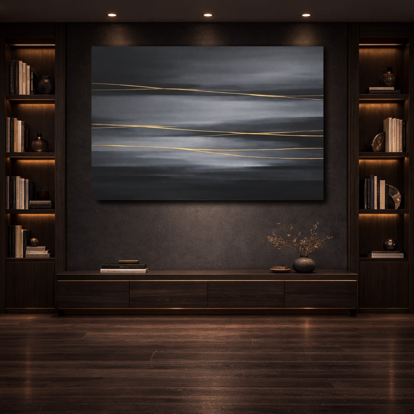 Mockup 3. Abstract Gold Lines Dark Grey Gold shown as stretched canvas wall art