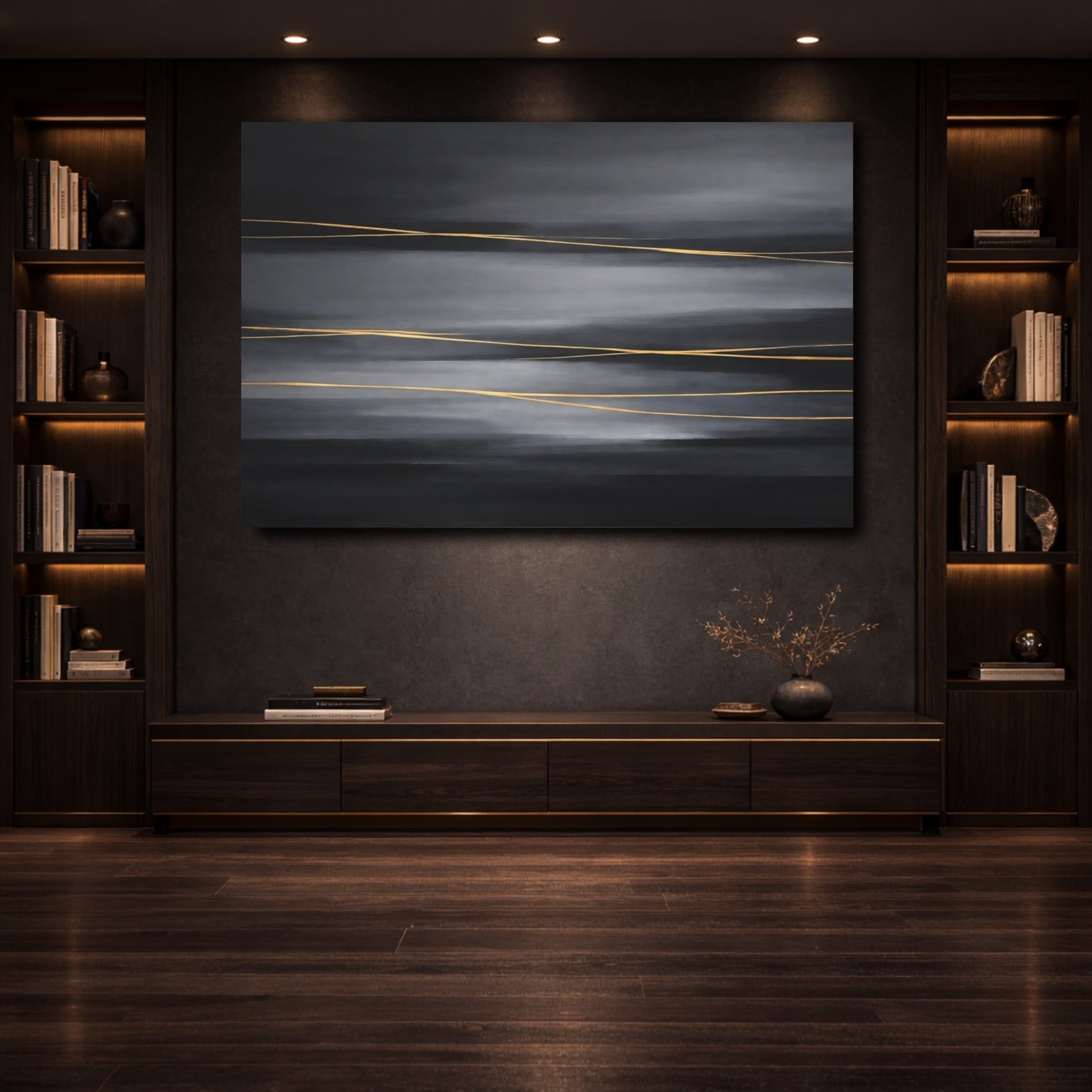Mockup 3. Abstract Gold Lines Dark Grey Gold shown as stretched canvas wall art