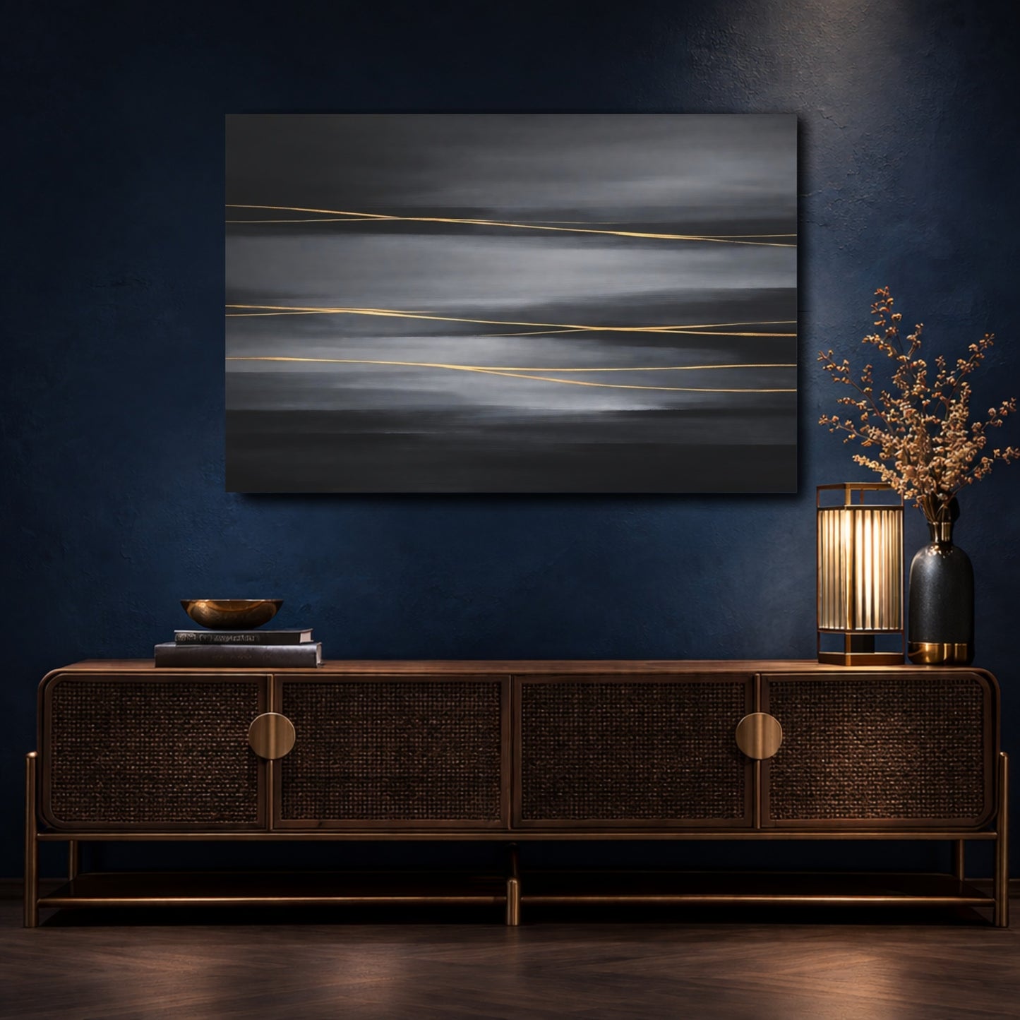 Mockup 4. Abstract Gold Lines Dark Grey Gold shown as stretched canvas wall art