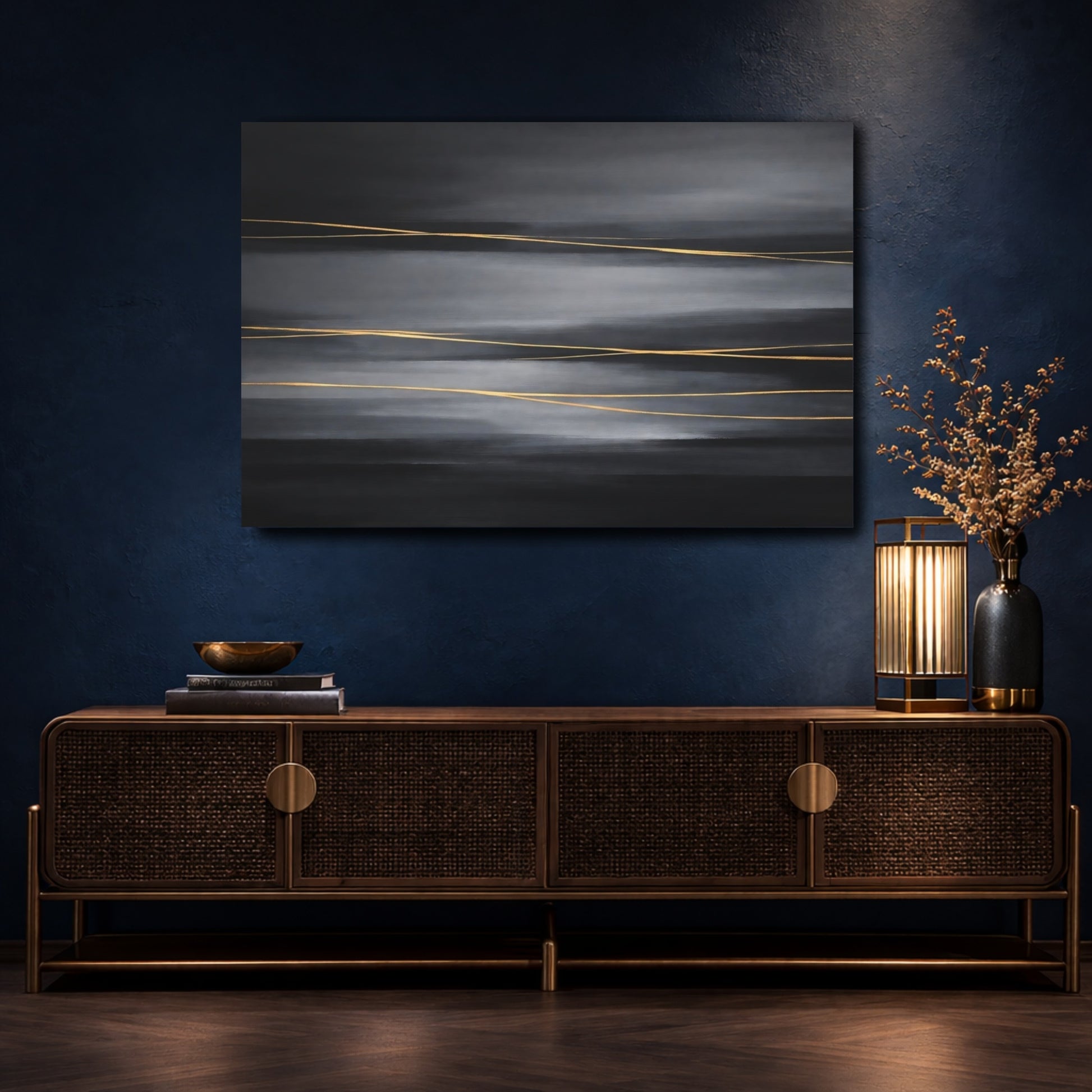 Mockup 4. Abstract Gold Lines Dark Grey Gold shown as stretched canvas wall art