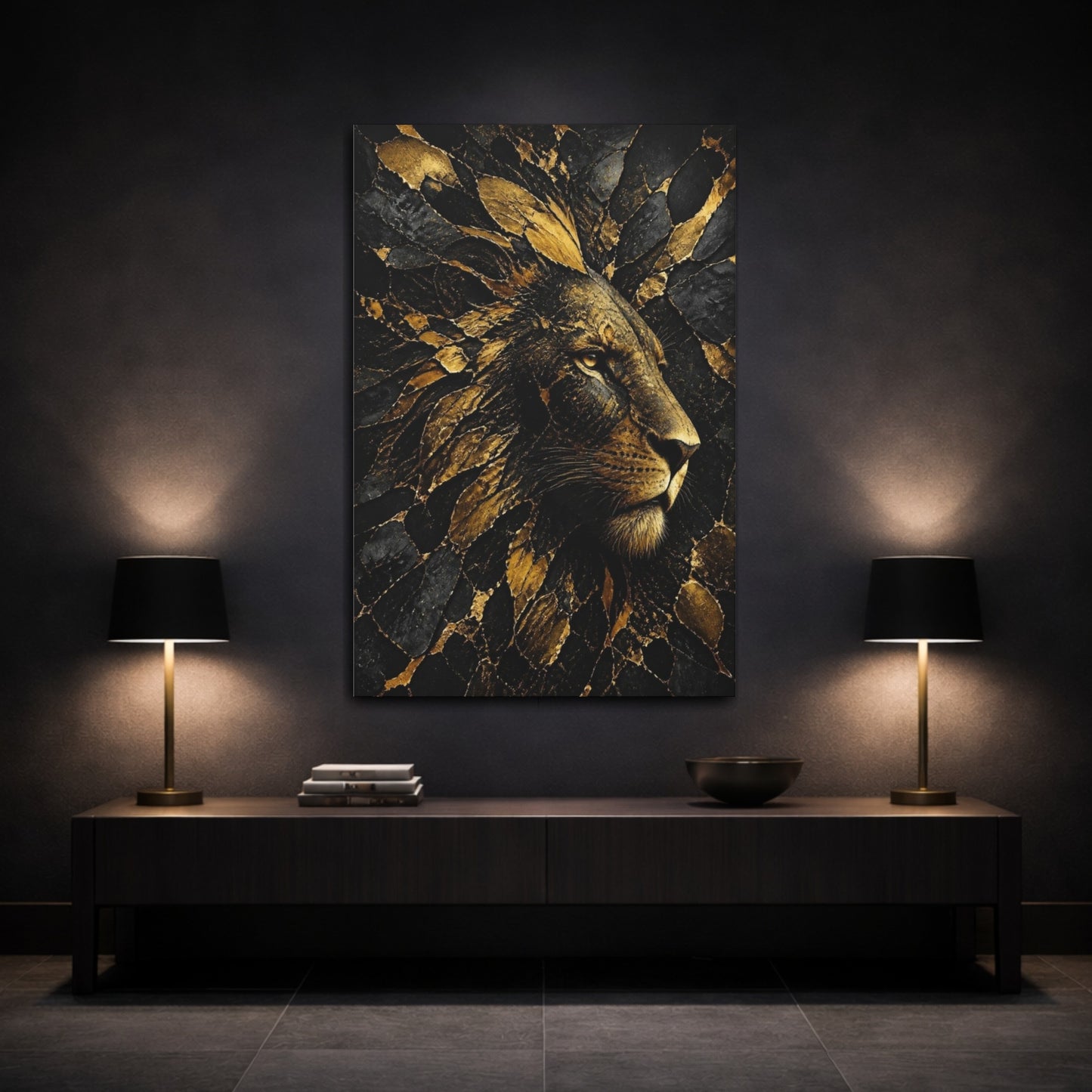 Mockup 3. Abstract Gold Lion shown as canvas print