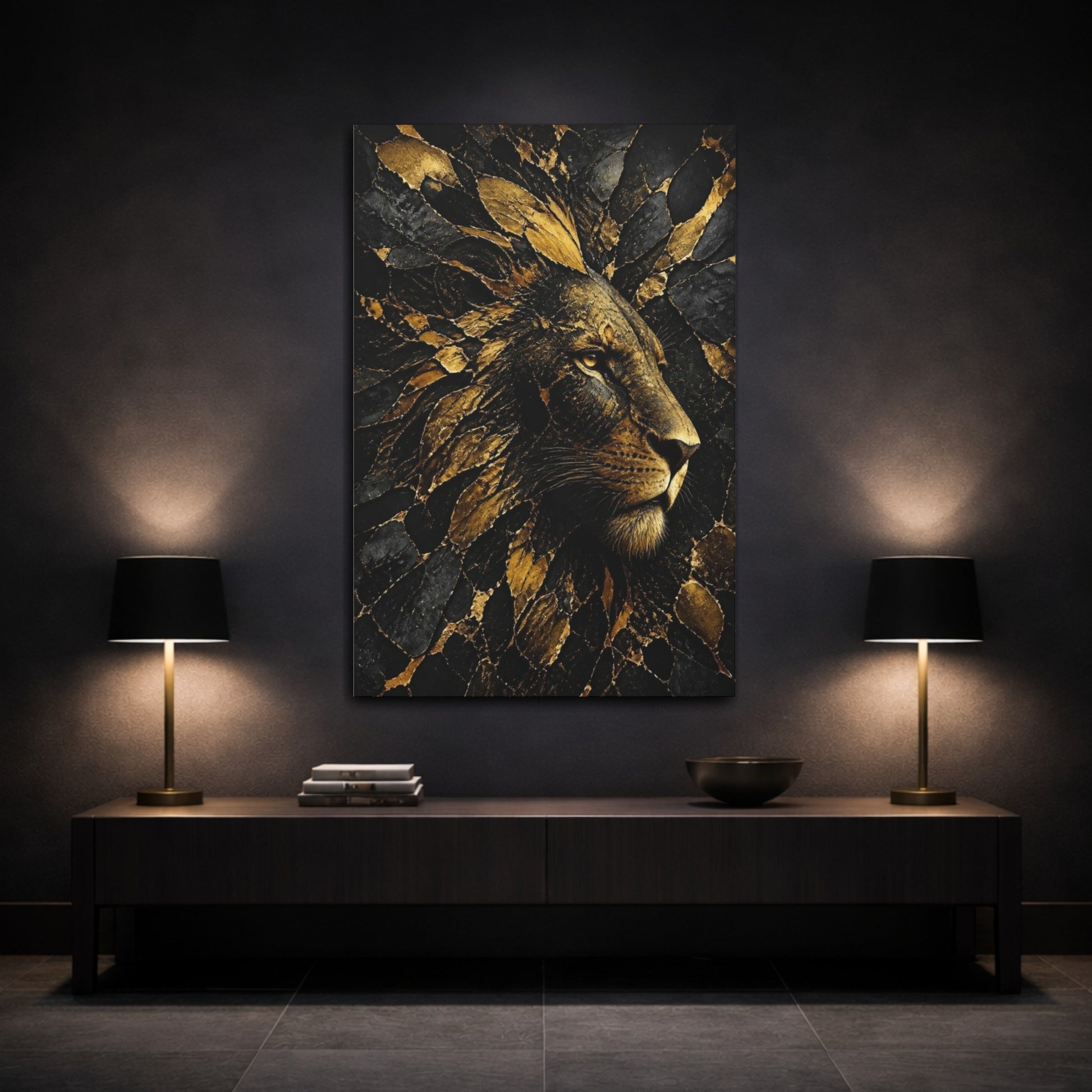 Mockup 3. Abstract Gold Lion shown as canvas print