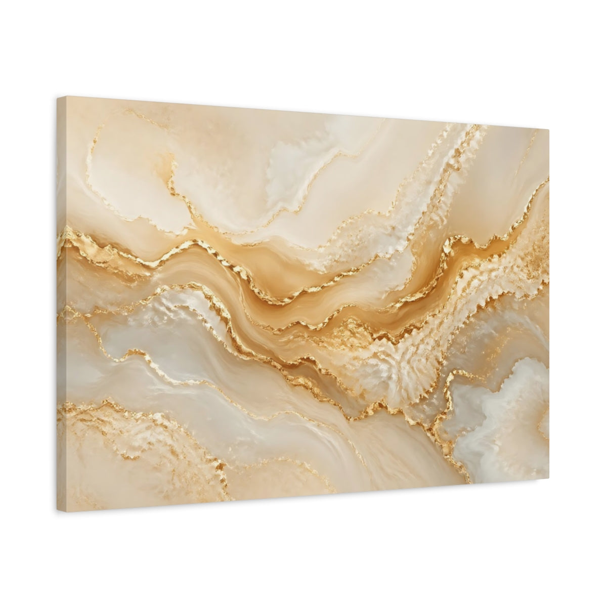 Side Mockup 2. Abstract Gold Marble Gold And Beige shown as stretched canvas wall art