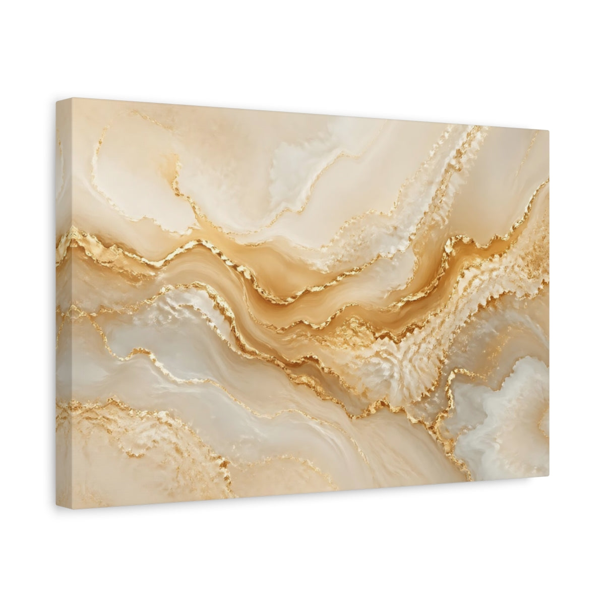 Side Mockup 4. Abstract Gold Marble Gold And Beige shown as stretched canvas wall art