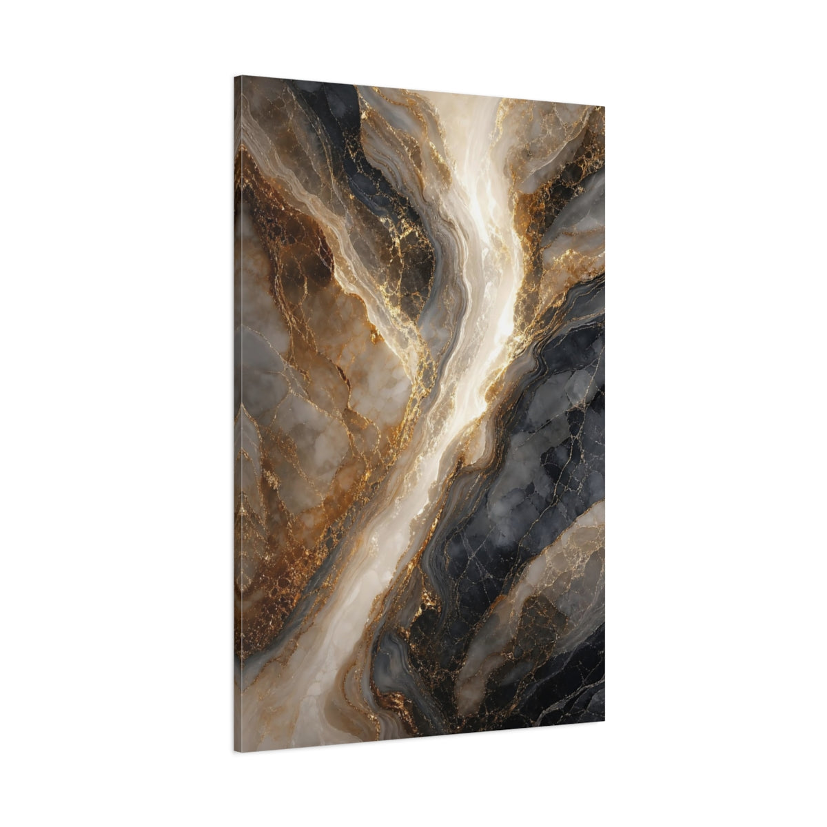 Side Mockup 1. Abstract Gold Marble Gold And Black Marble shown as stretched canvas wall art