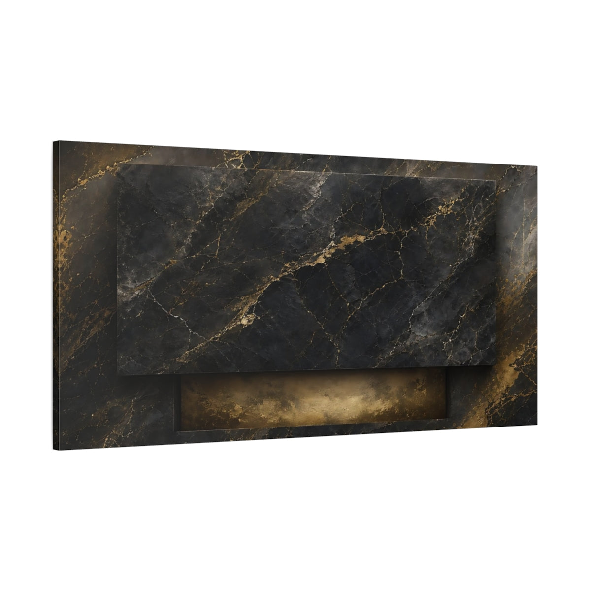 Side Mockup 2. Abstract Gold Marble Gold And Black Marble shown as stretched canvas wall art