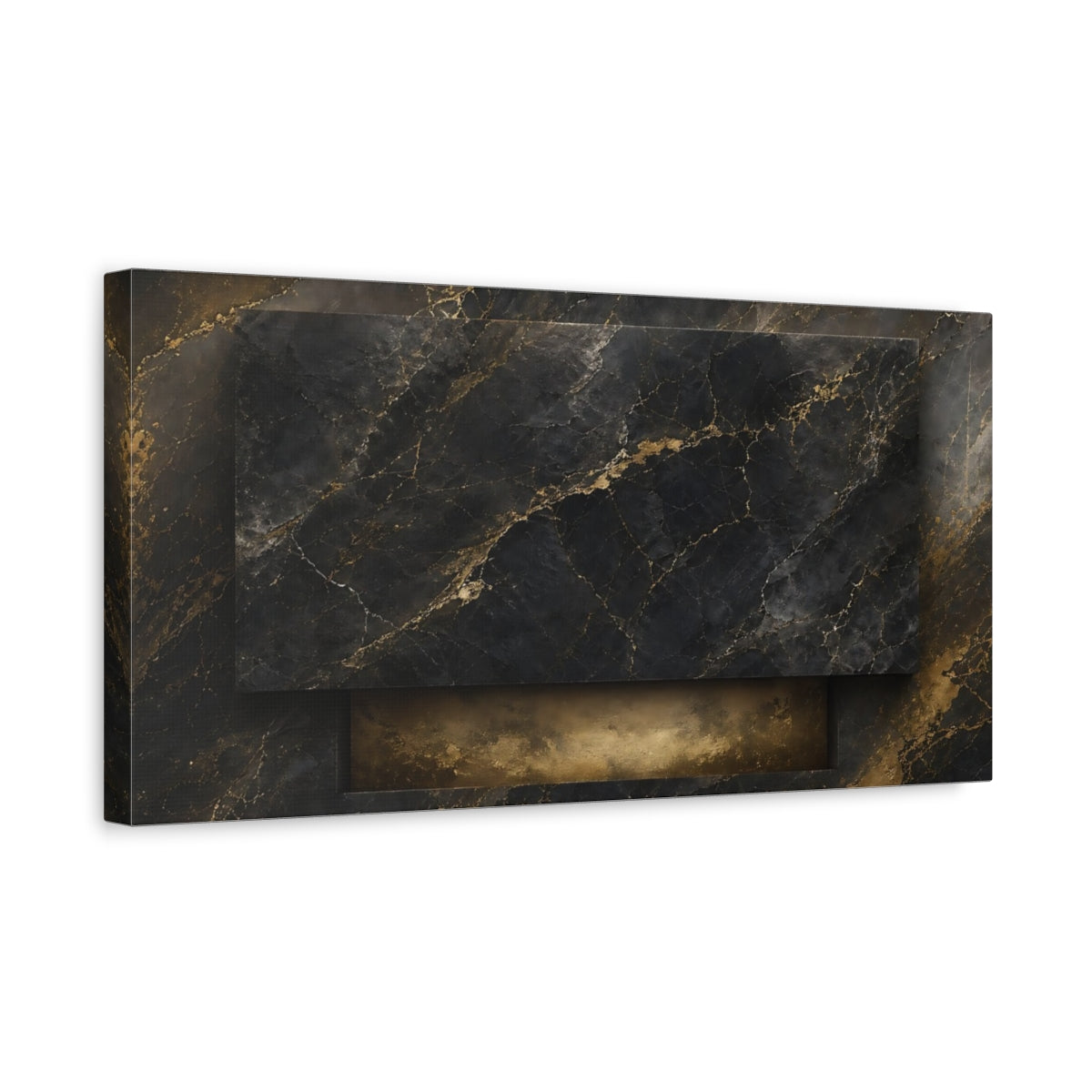 Side Mockup 3. Abstract Gold Marble Gold And Black Marble shown as stretched canvas wall art