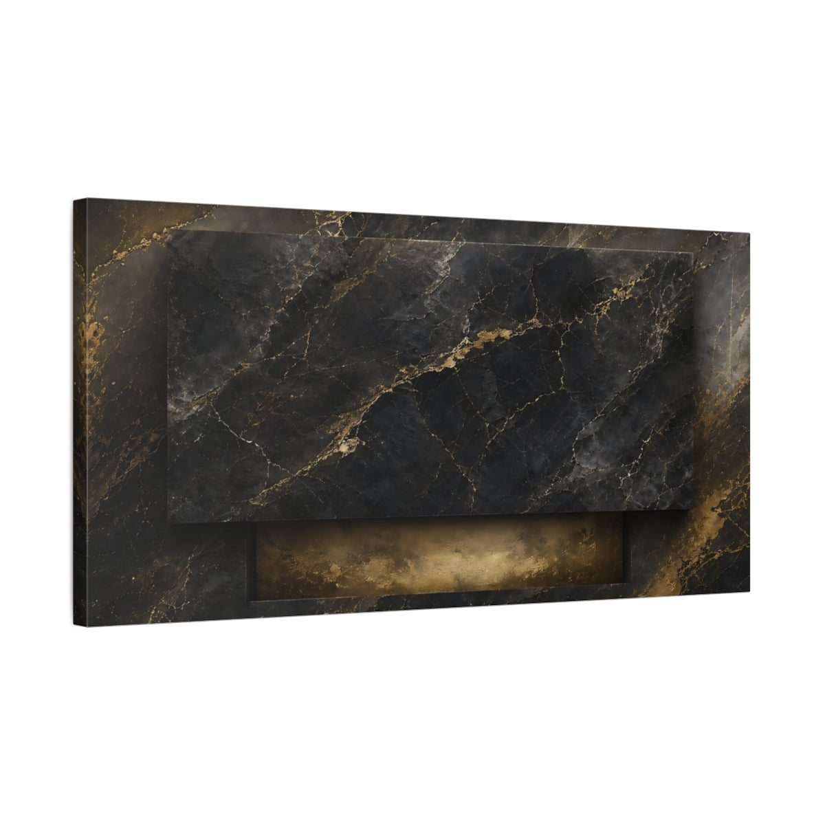 Side Mockup 1. Abstract Gold Marble Gold And Black Marble shown as stretched canvas wall art