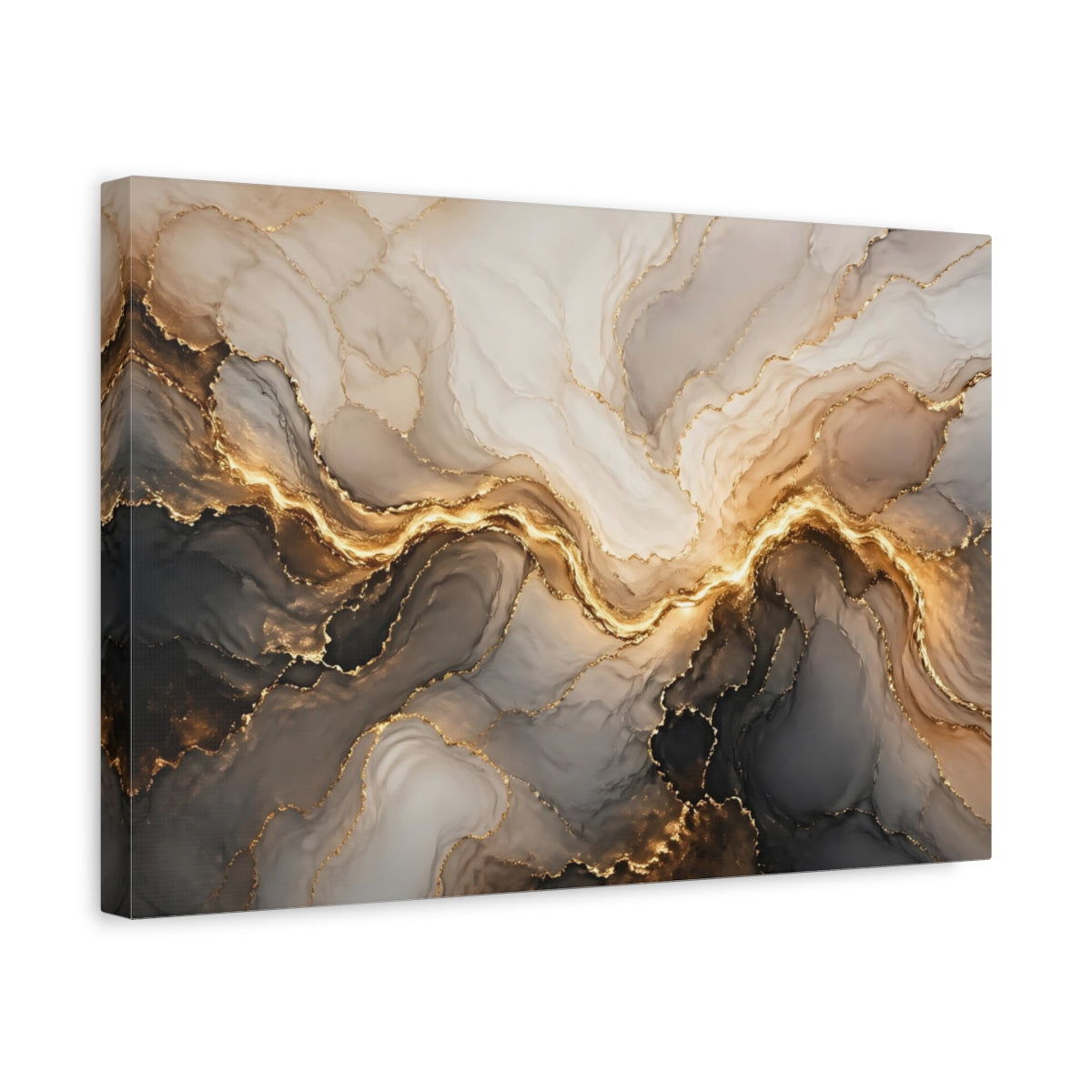 Side Mockup 4. Abstract Gold Marble Gold And Gray Abstract shown as stretched canvas wall art