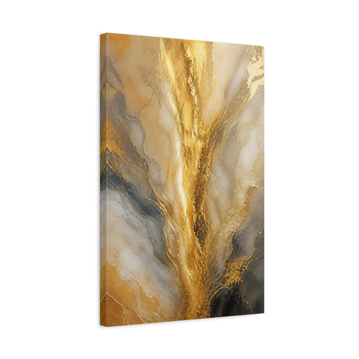 Side Mockup 3. Abstract Gold Marble Gold And Gray shown as stretched canvas wall art
