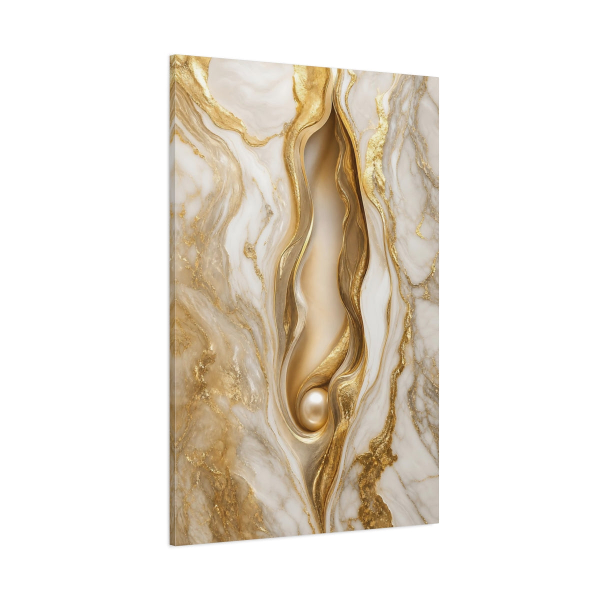 Side Mockup 1. Abstract Gold Marble Gold And White shown as stretched canvas wall art