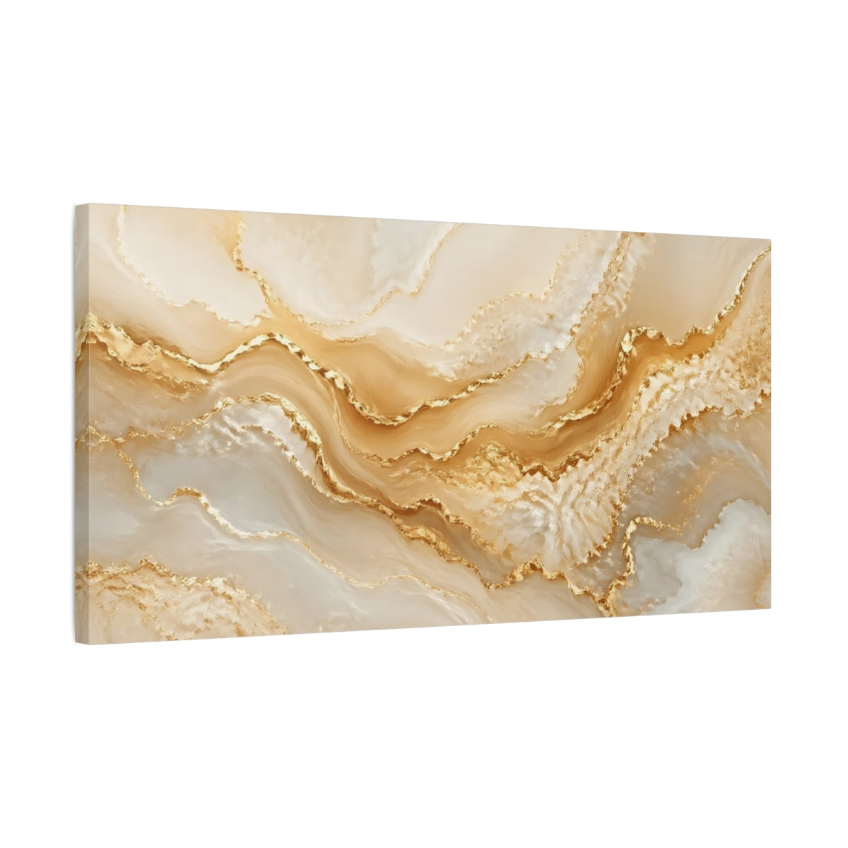 Side Mockup 1. Abstract Gold Marble Gold And White shown as stretched canvas wall art